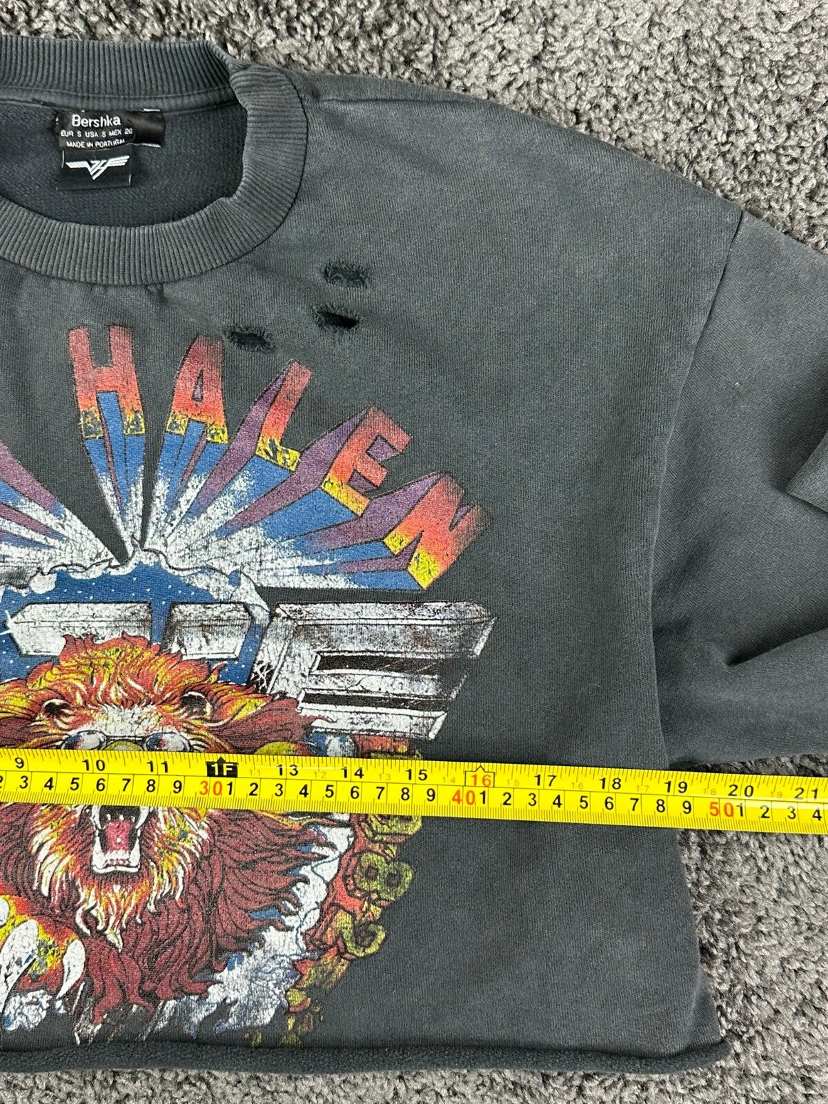 Bershka Van Halen 1982 Crop Sweatshirt Womens S Washed Black Distressed Cut Off
