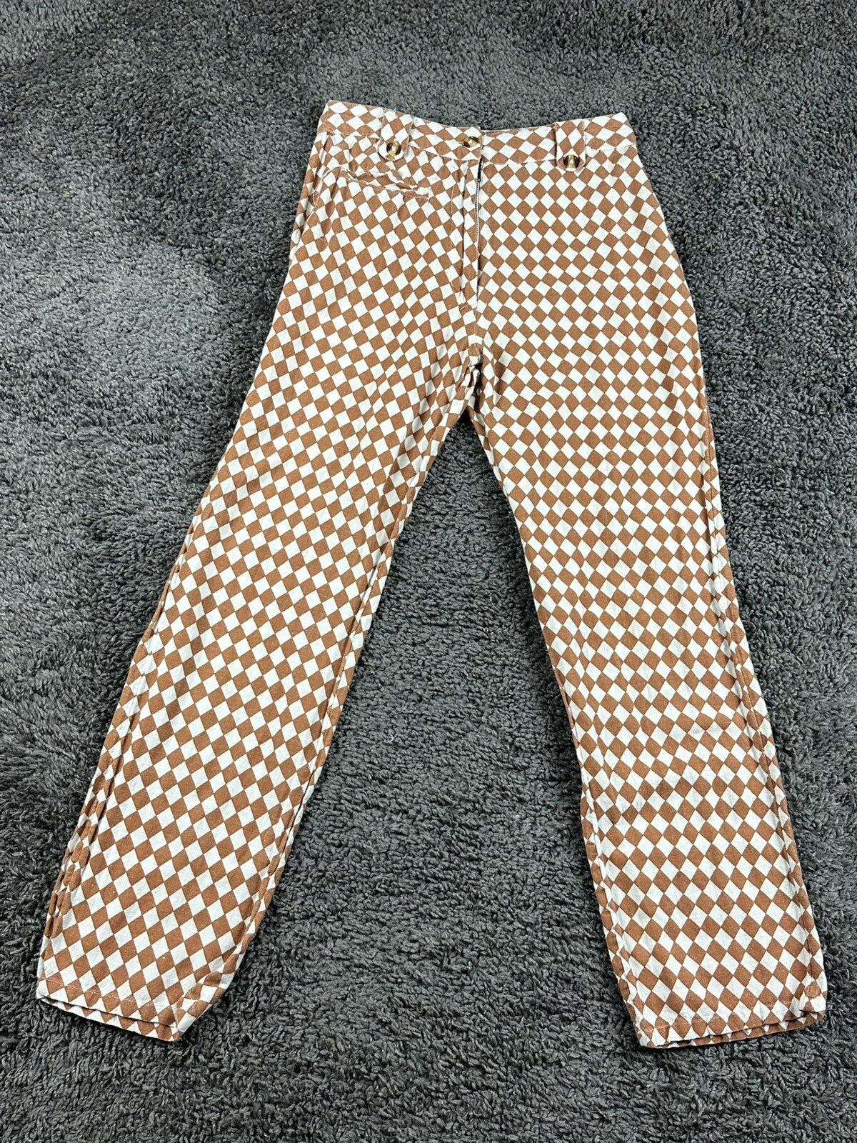 Billabong Womens Brown Checkerboard Diamond High Rise Linen Blend Pants Sz 25