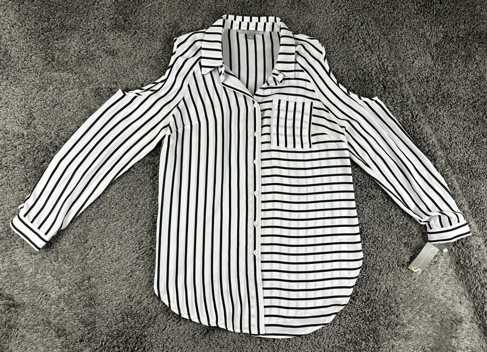 Valerie Stevens Womens Striped Button Up Cold Shoulder Blouse Shirt Sz M NWT