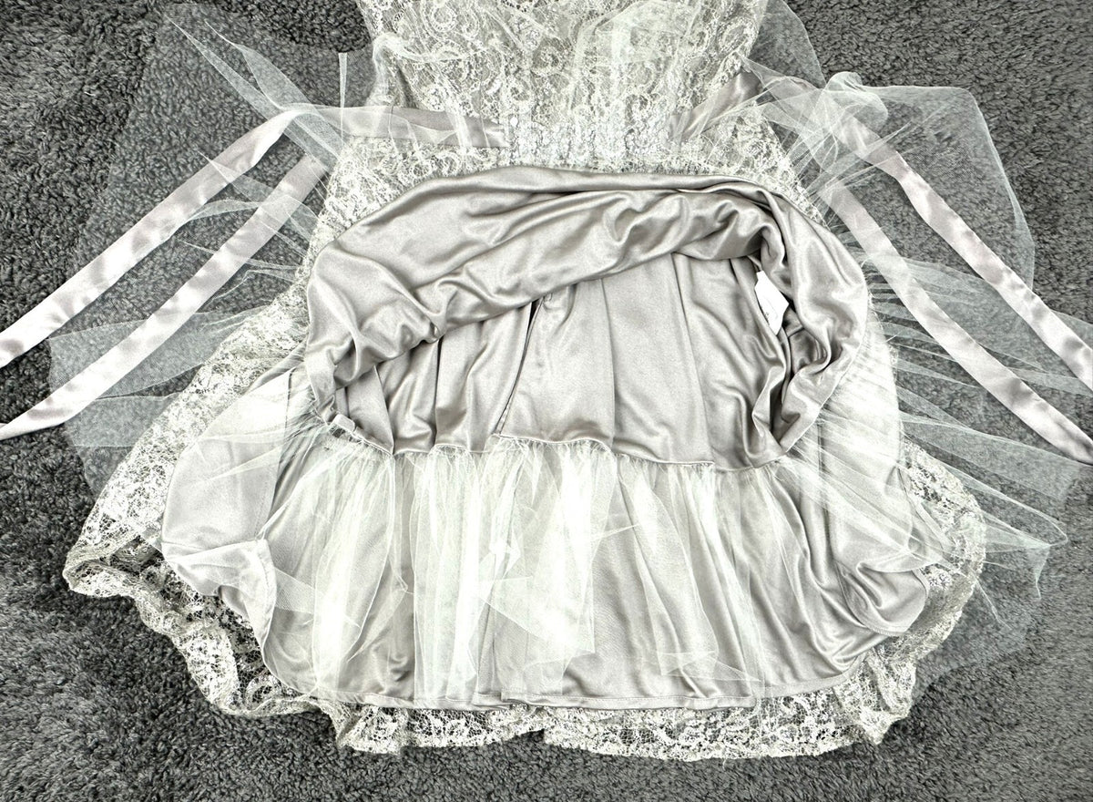 Betsy & Adam Womens 6 Silver Metallic Lace Rhinestone Tulle Cocktail Party Dress