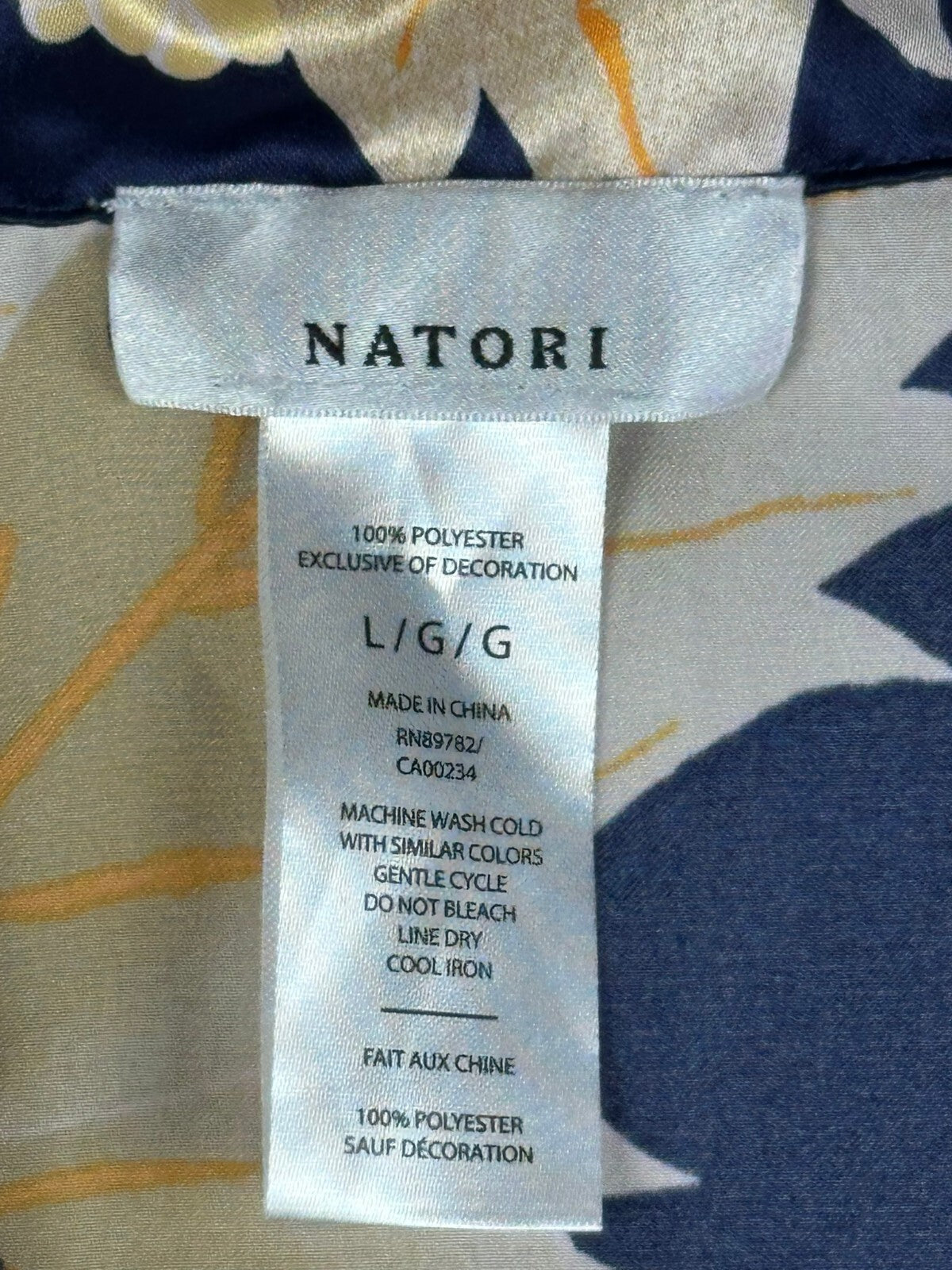 Natori Womens L Navy Pink Floral Satin Long Sleeve Button Pajama Top