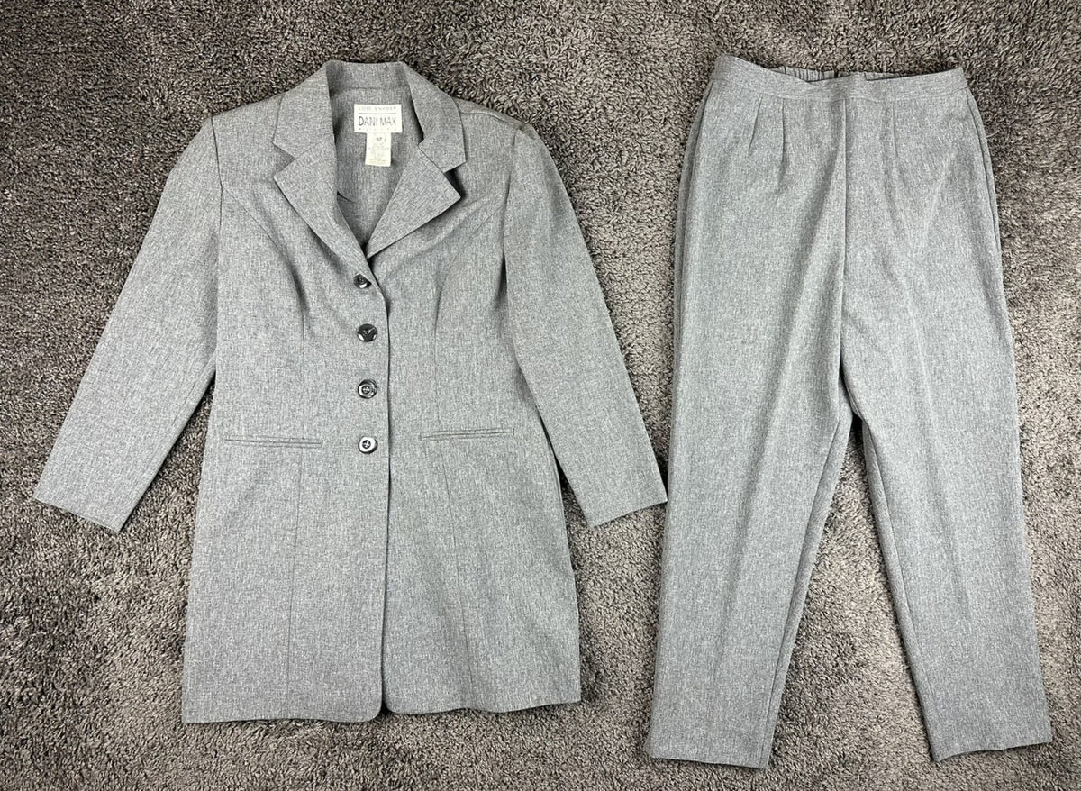 Vintage Dani Max Lois Snyder Pant Suit Womens 12P Gray Long Blazer Tapered Pants