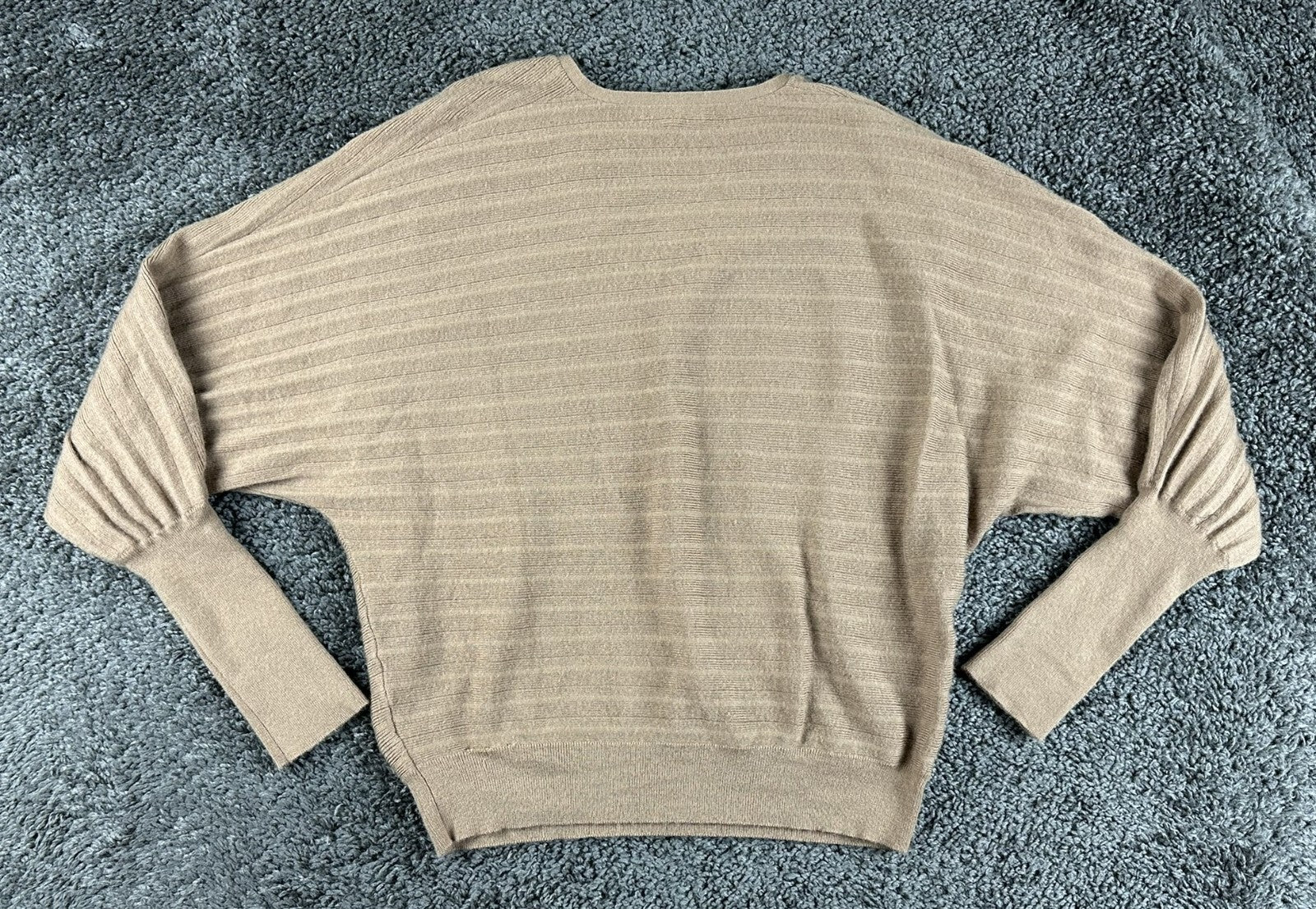 Nordstrom Women Wool Blend V-Neck Dolman Sweater Tan Camel Ribbed Pullover Sz S