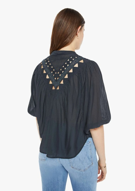 MOTHER The V Yoke Shirt Black Eyelet Cutout Yoke Balloon Sleeve Button Blouse M