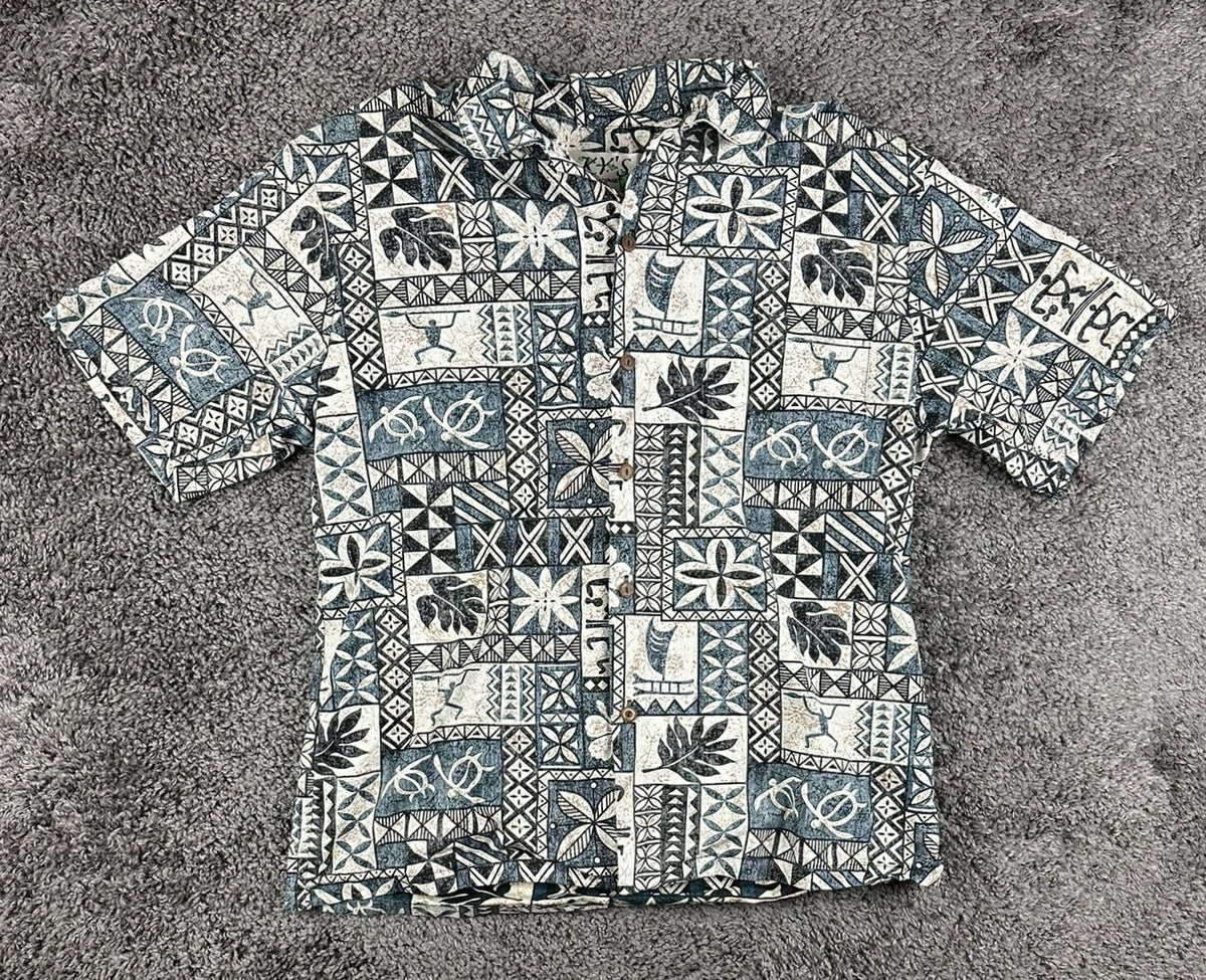 Vintage 90s KY'S Mens M Blue Tapa Print Short Sleeve Hawaiian Aloha Shirt