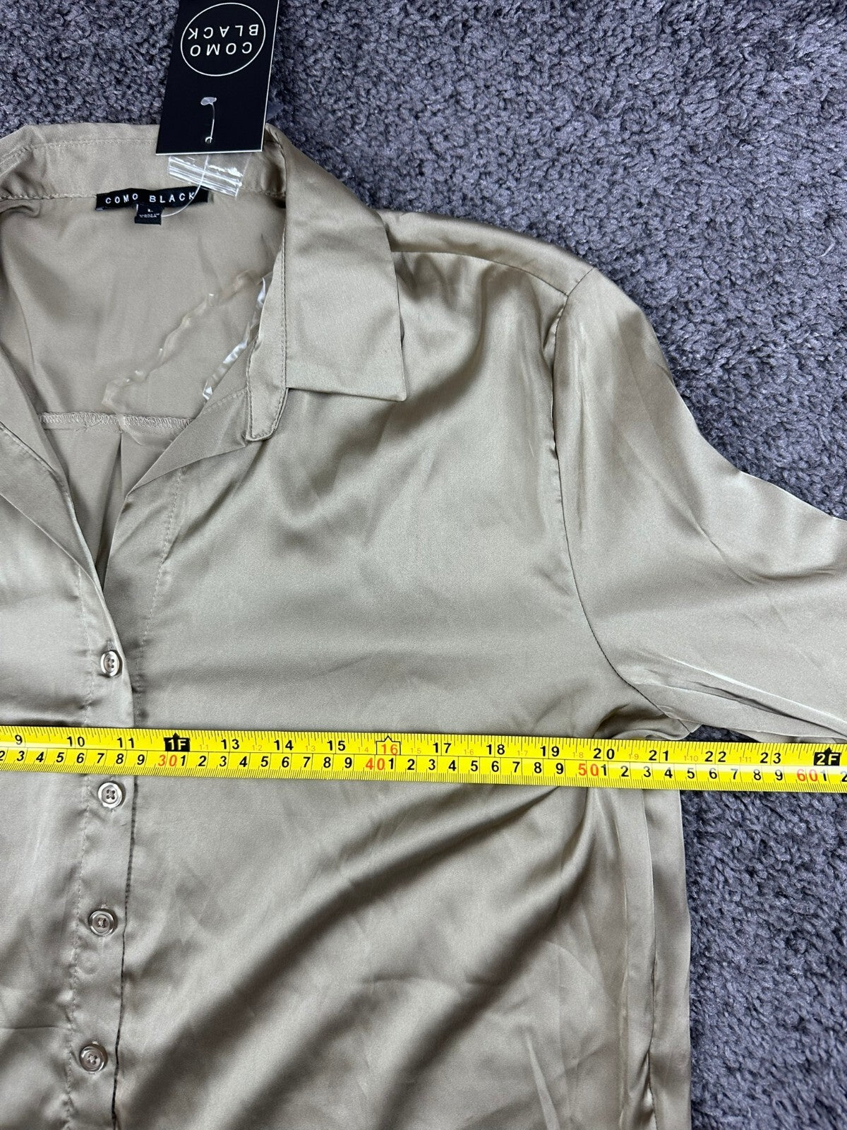 Como Black Blouse Womens Large Champagne Silk-Like Satin Button Up Shirt NWT