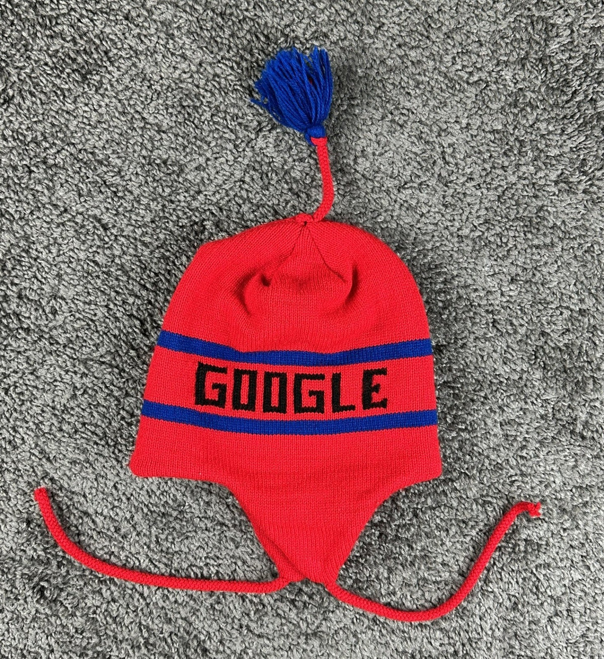 Vintage Google Employee Swag Knit Earflap Beanie Hat Red Blue Tech Merch OS