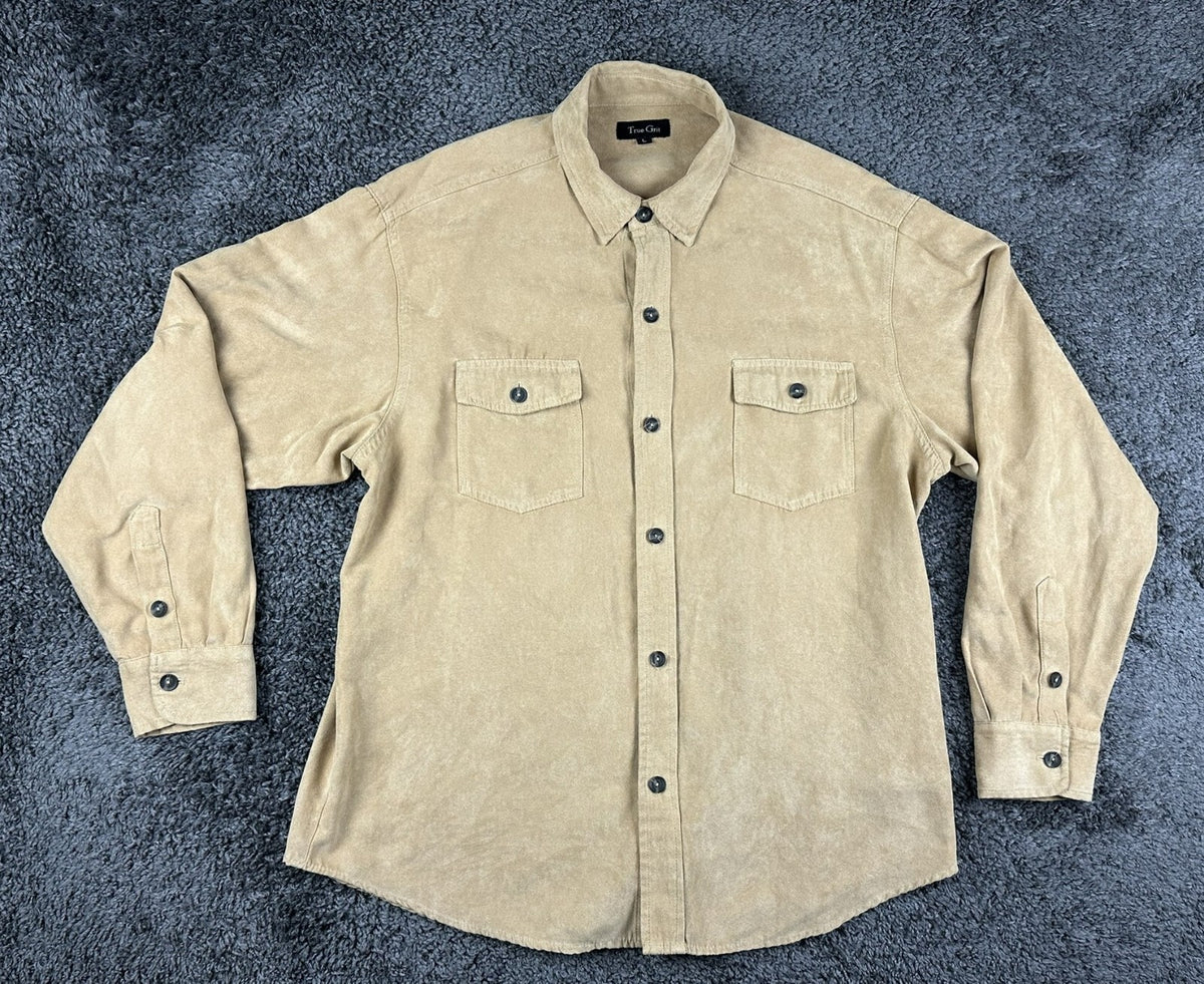 Vintage 90s True Grit Mens L Tan Chamois Button-Up Shacket Long Sleeve Shirt