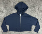 Allfenix Womens Ribbed Boxy Crop Zip Hoodie Navy Blue O-Ring Athleisure Large L