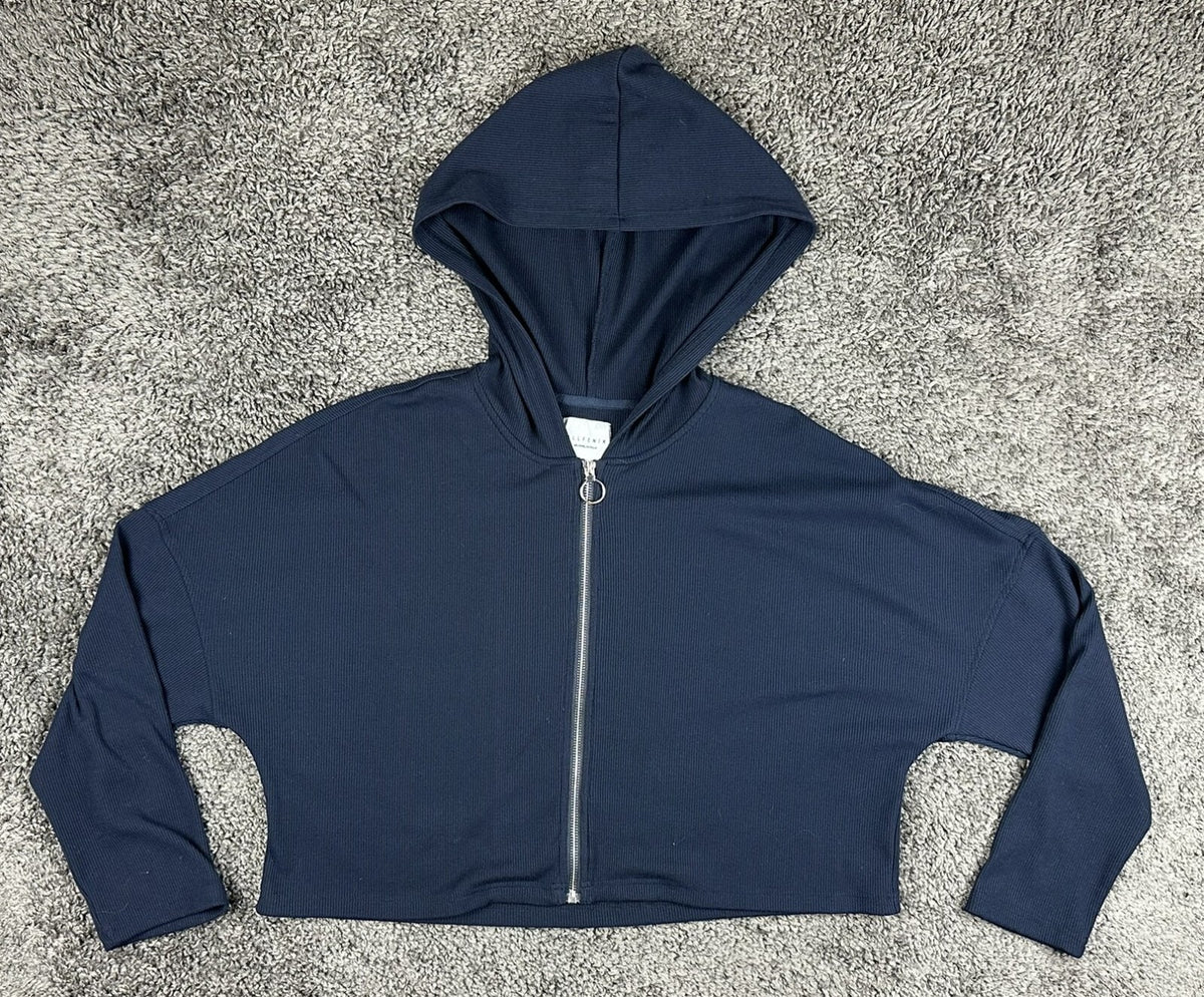 Allfenix Womens Ribbed Boxy Crop Zip Hoodie Navy Blue O-Ring Athleisure Large L