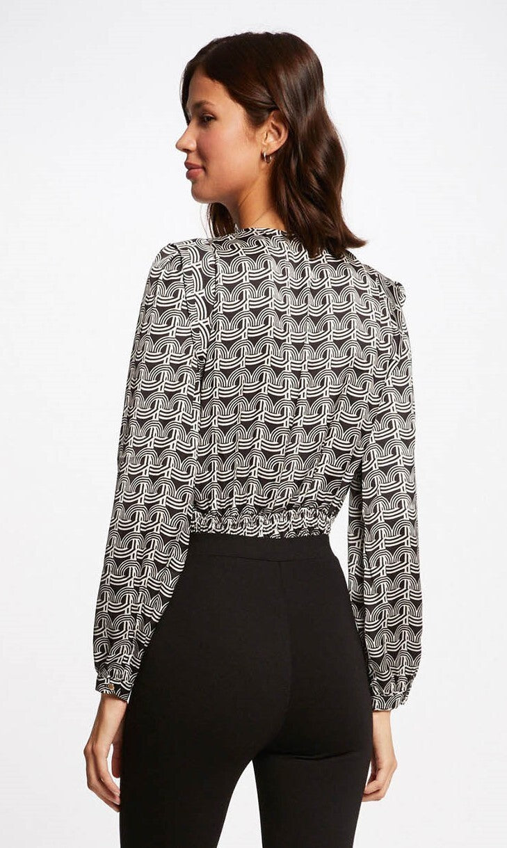 Morgan De Toi Odesir Blouse Black White Geometric Wrap Long Sleeve Top Sz XS 34
