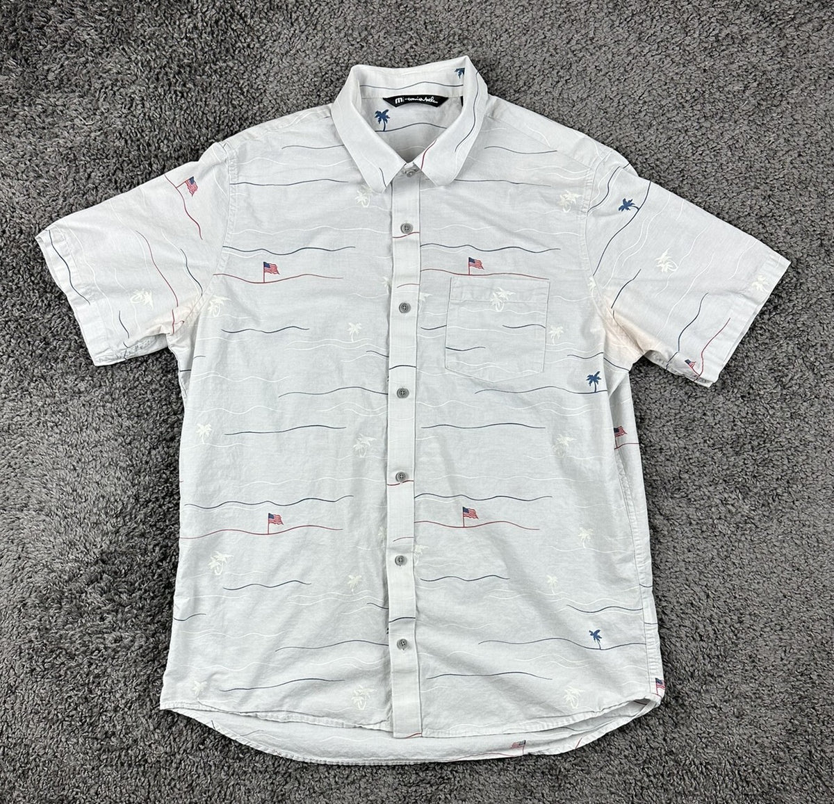 TravisMathew Men's American Flag Palm Tree Print Button-Down Shirt Large