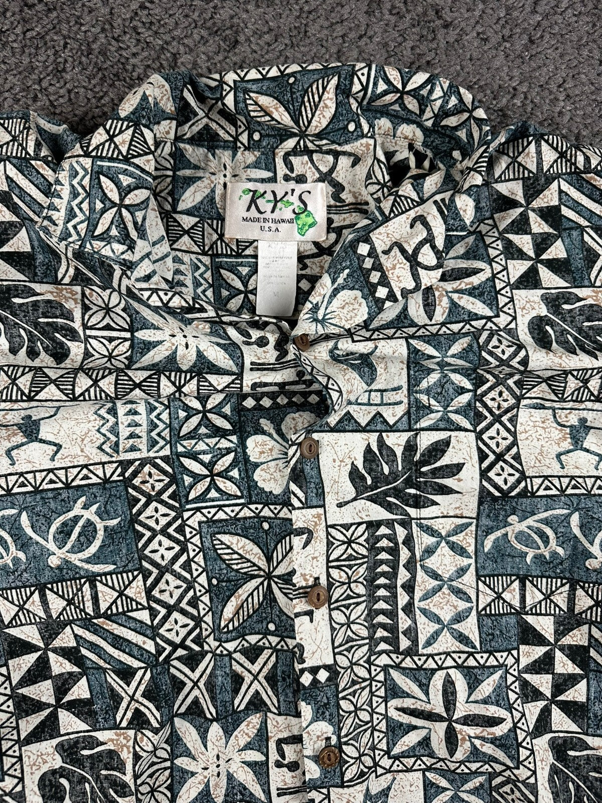 Vintage 90s KY'S Mens M Blue Tapa Print Short Sleeve Hawaiian Aloha Shirt