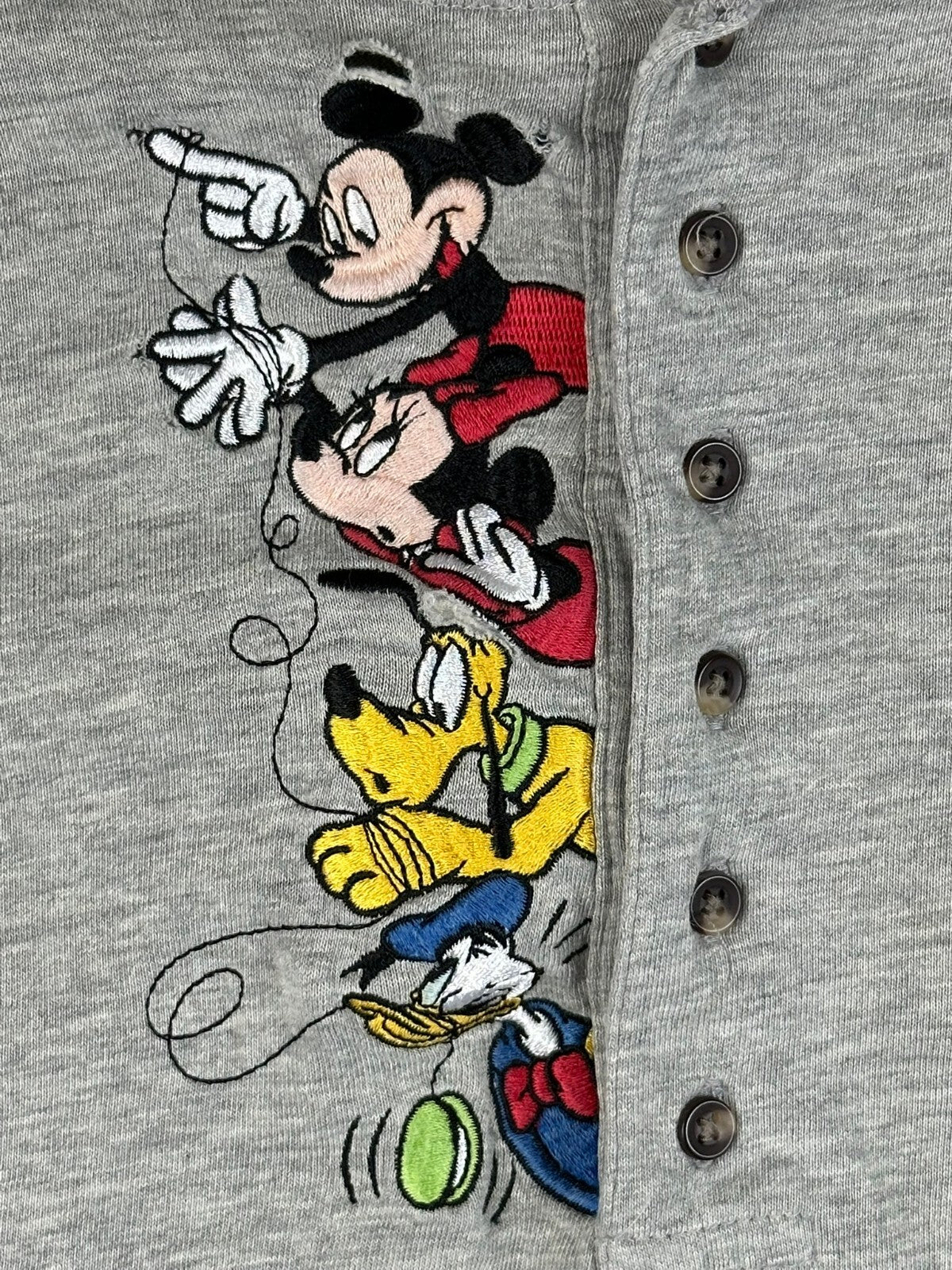 Vintage 90s Disney Mickey Minnie Donald Pluto Embroidered Henley Shirt Grey Sz L