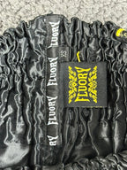 FLUORY Mens XS Black Muay Thai Shorts Gold Brocade Dragon Thai Script Boxing