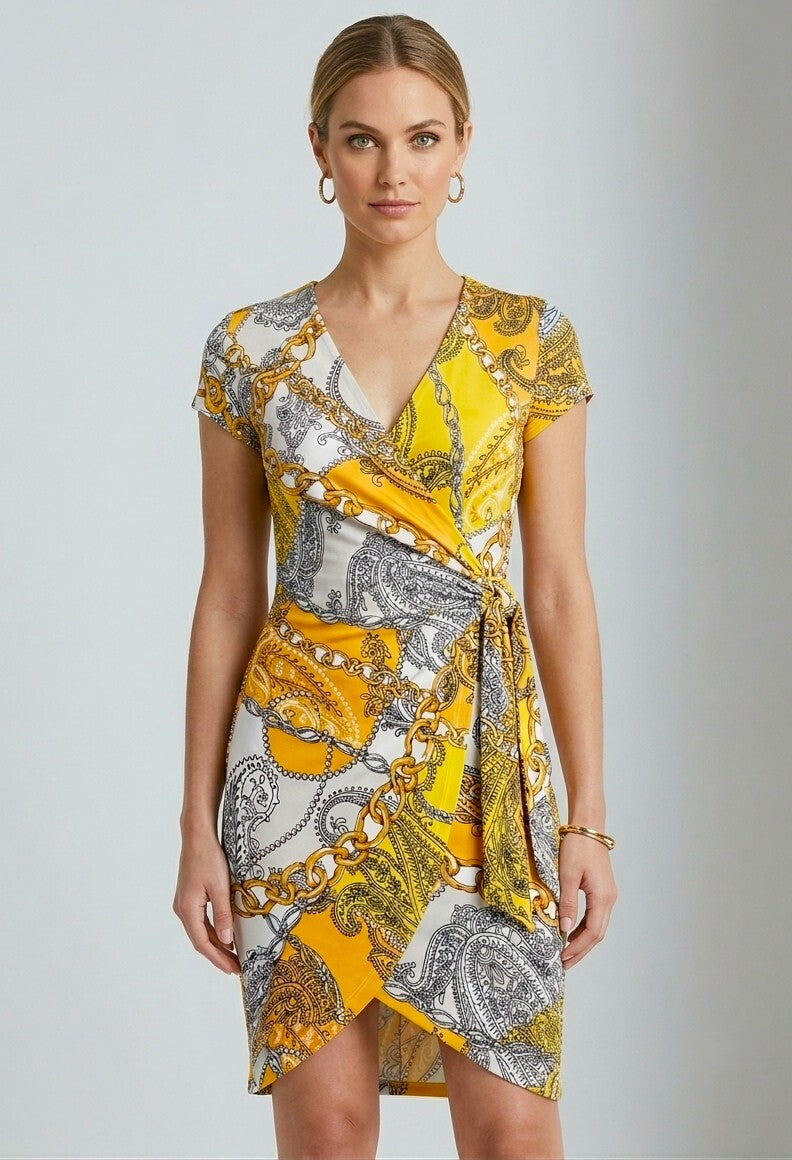 Cache Womens XS Faux Wrap Dress Gold Paisley Chain Print Side Tie Stretch