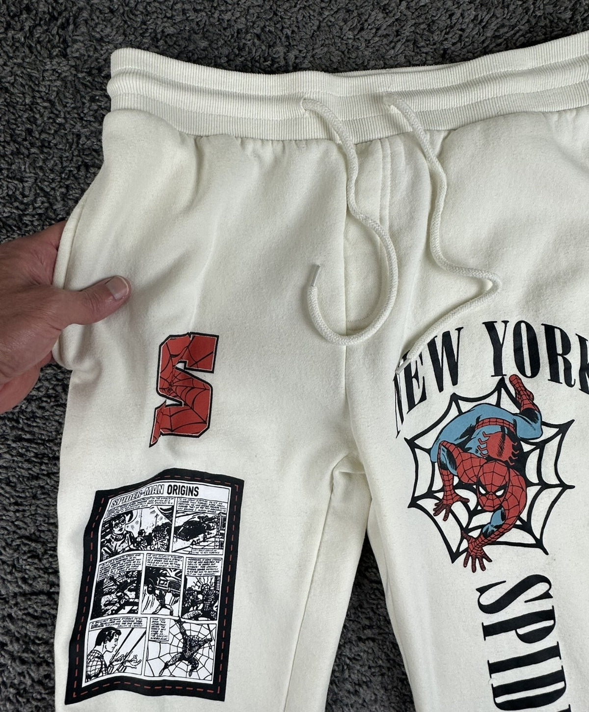 Marvel Spider-Man Origins 1962 Mens S Off White Graphic Jogger Sweatpants