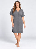 Barefoot Dreams CozyChic V-Neck Shirt Dress Gray One Size Plus Short Sleeve