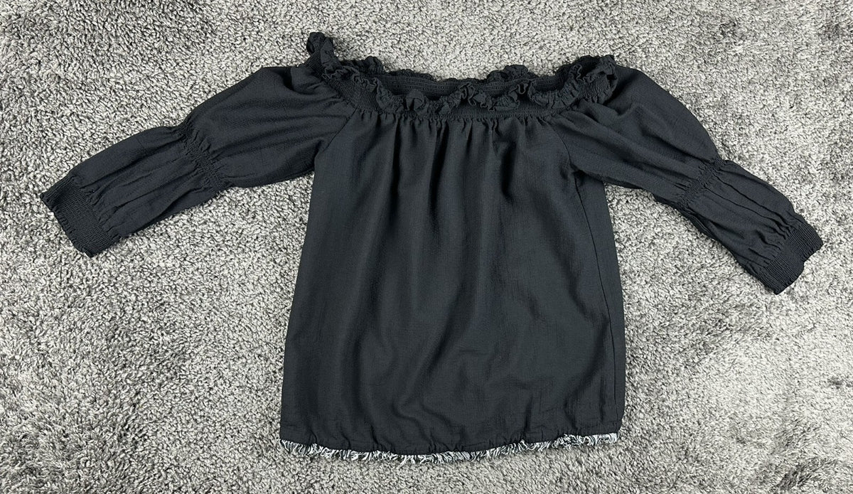 Trina Turk Womens XS Black Off-The-Shoulder Smocked Top Fringe Hem