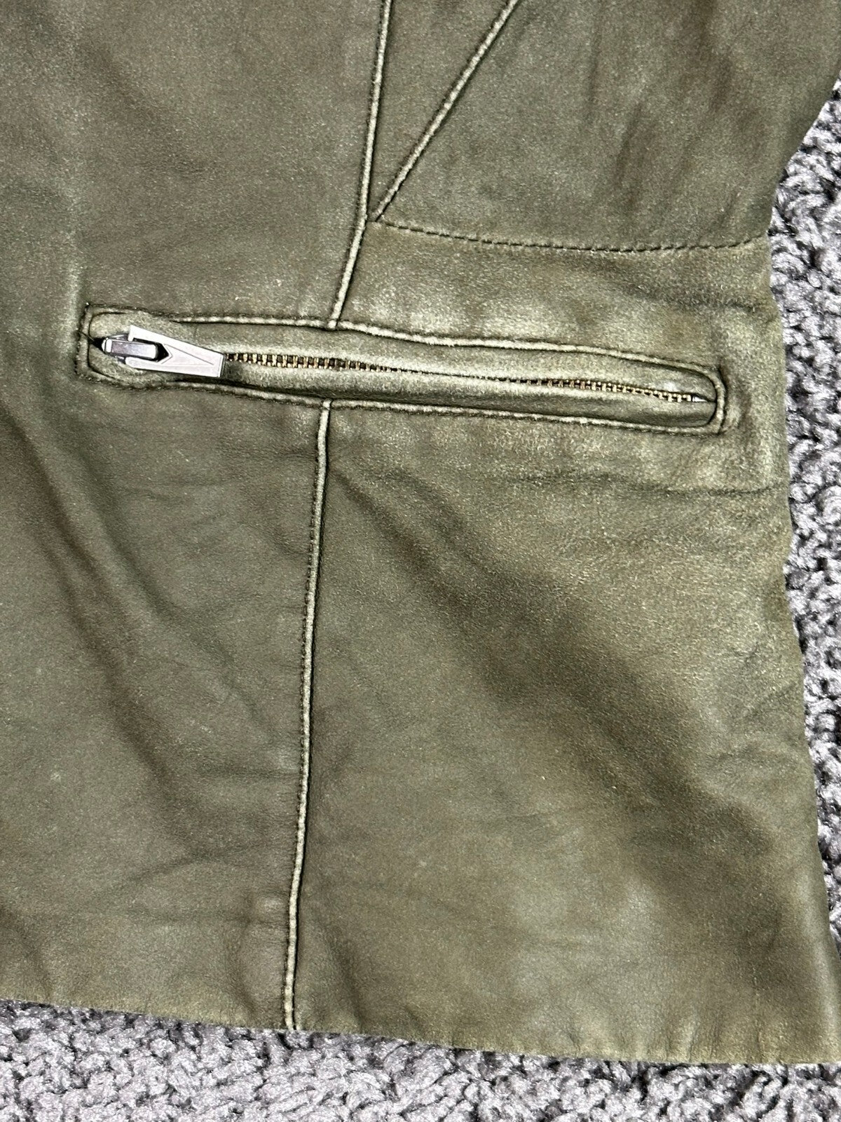 VEDA Leather Jacket Women Olive Green Asymmetrical Moto Wool Knit Silk Sz M