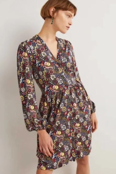 Boden Button Through Jersey Dress US 10R Multicolor Floral V-Neck Long Sleeve