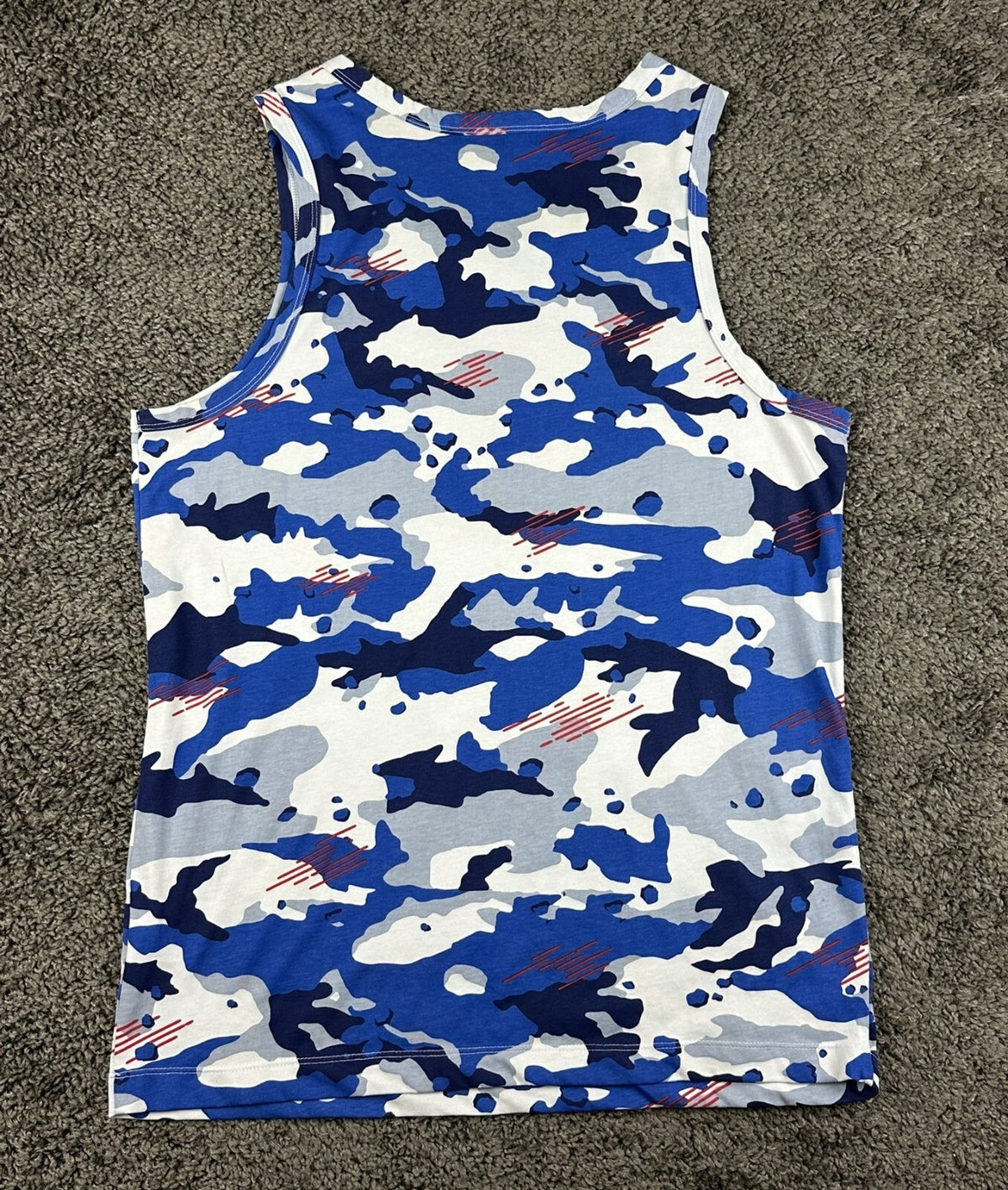Nike Dri-Fit Mens M Blue Camo Sleeveless Tank Top Red Swoosh Graphic