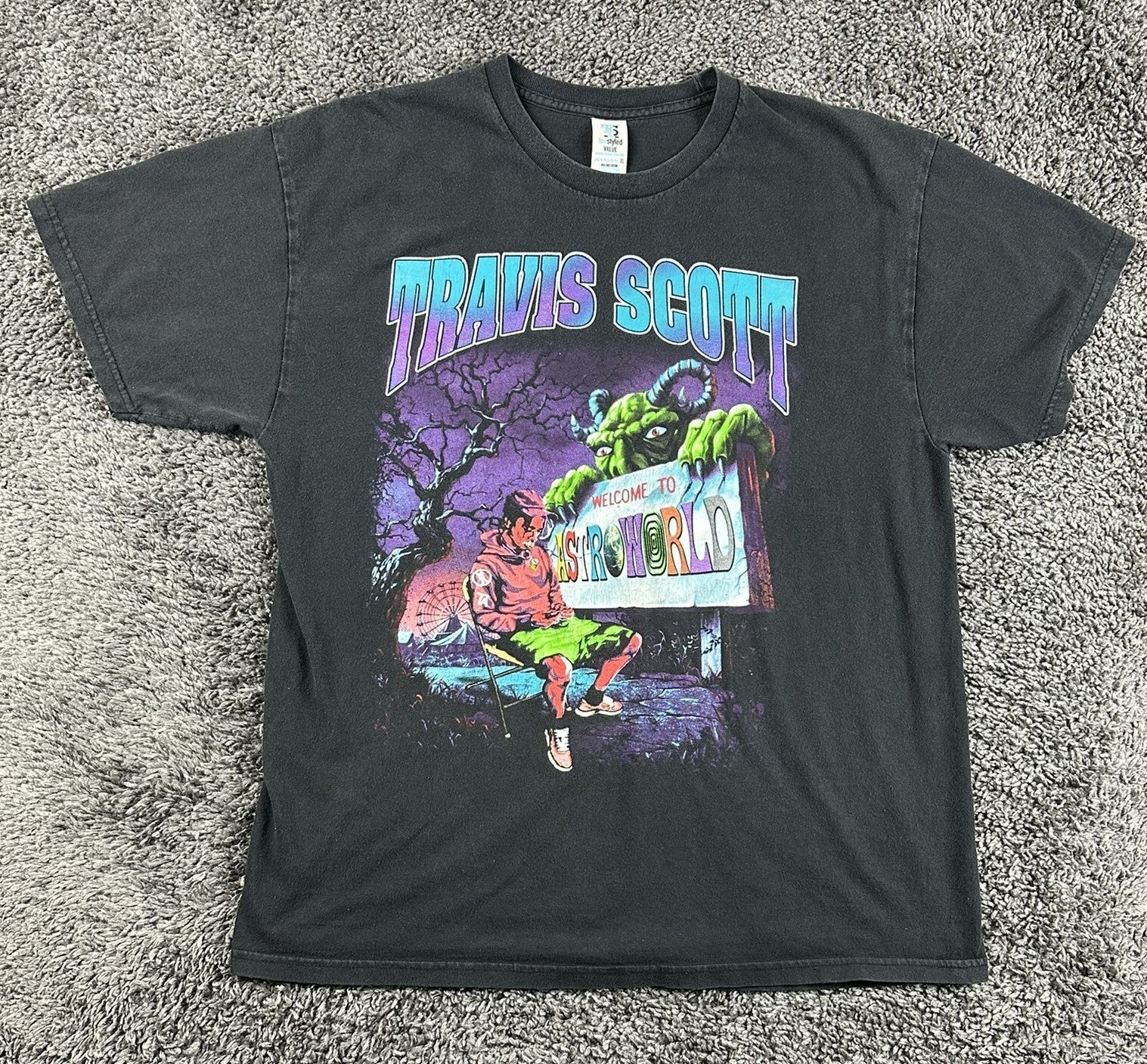 Travis Scott Astroworld Shirt Men Black Graphic Tee Welcome To Astroworld Sz XL