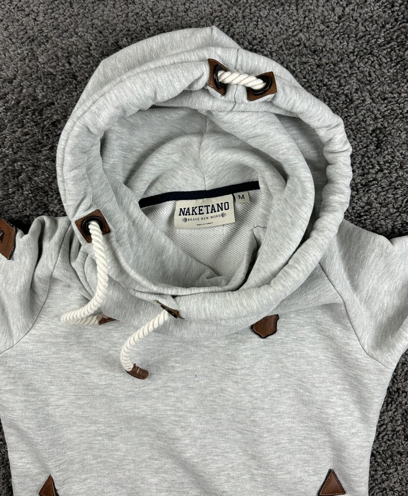 Naketano Womens Gray Cowl Neck Hoodie Pullover Sweatshirt Owl Rope Patch Sz M