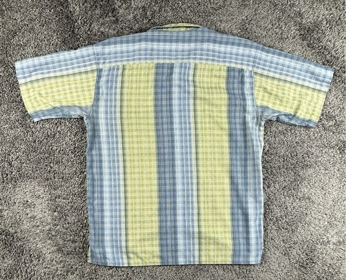Patagonia Puckerware Shirt Mens M Short Sleeve Plaid Seersucker Button Down Blue