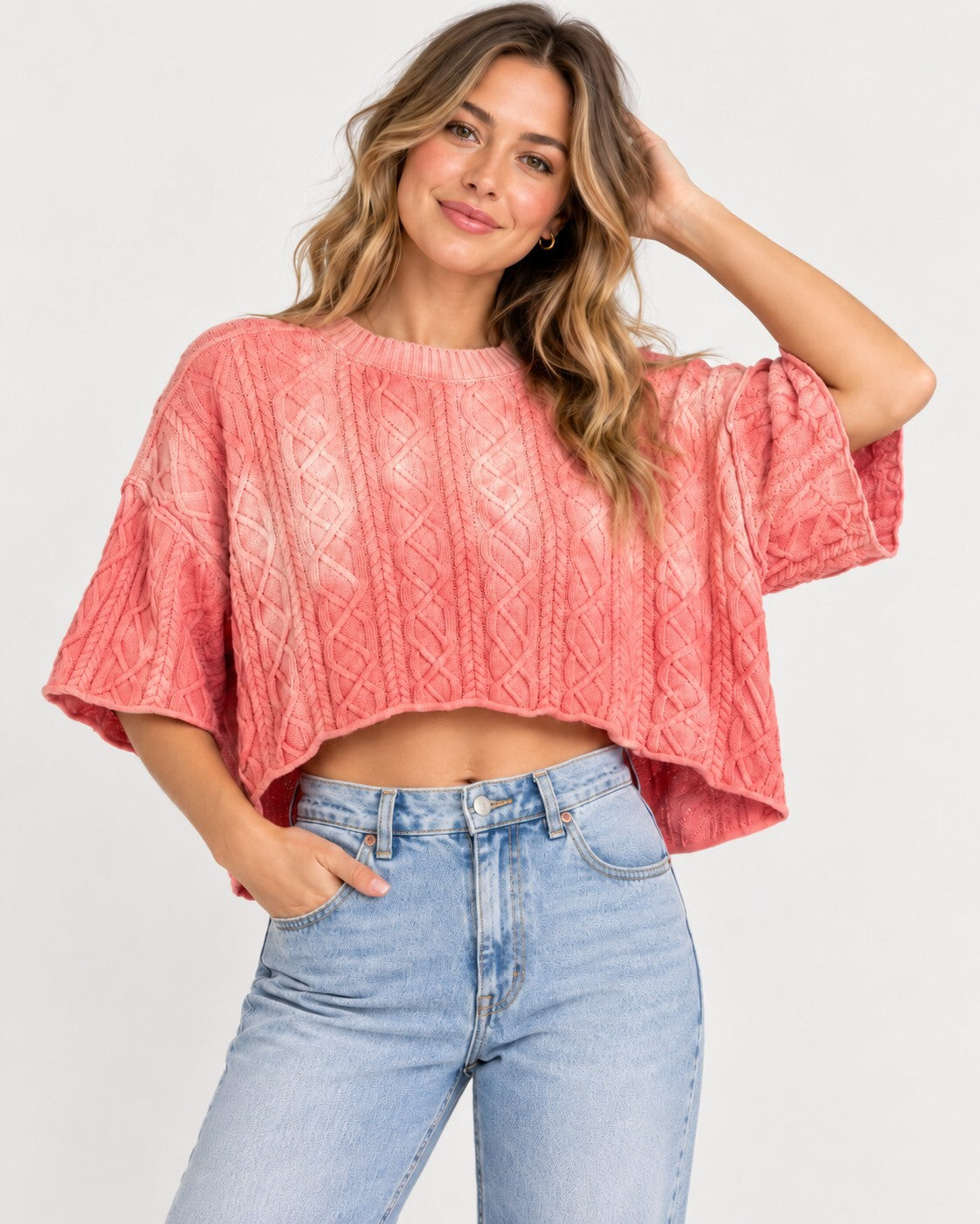 Free People Washed Ashore Women's Medium M Sweater Pink Cable Knit Crop Pullover