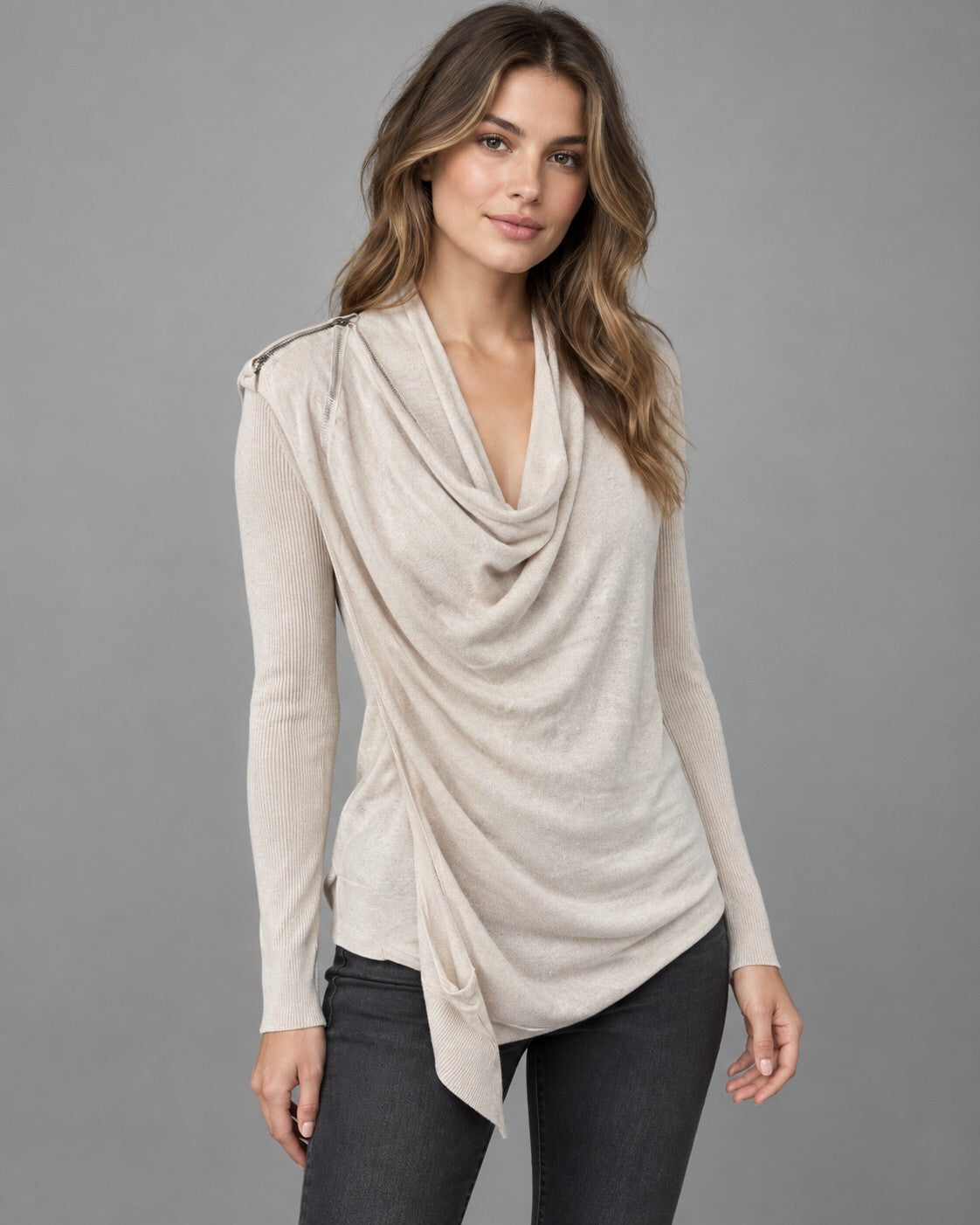 AllSaints Womens Size S Drina 100% Merino Wool Beige Asymmetric Zip Cardigan Top