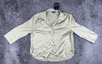 Como Black Blouse Womens Large Champagne Silk-Like Satin Button Up Shirt NWT