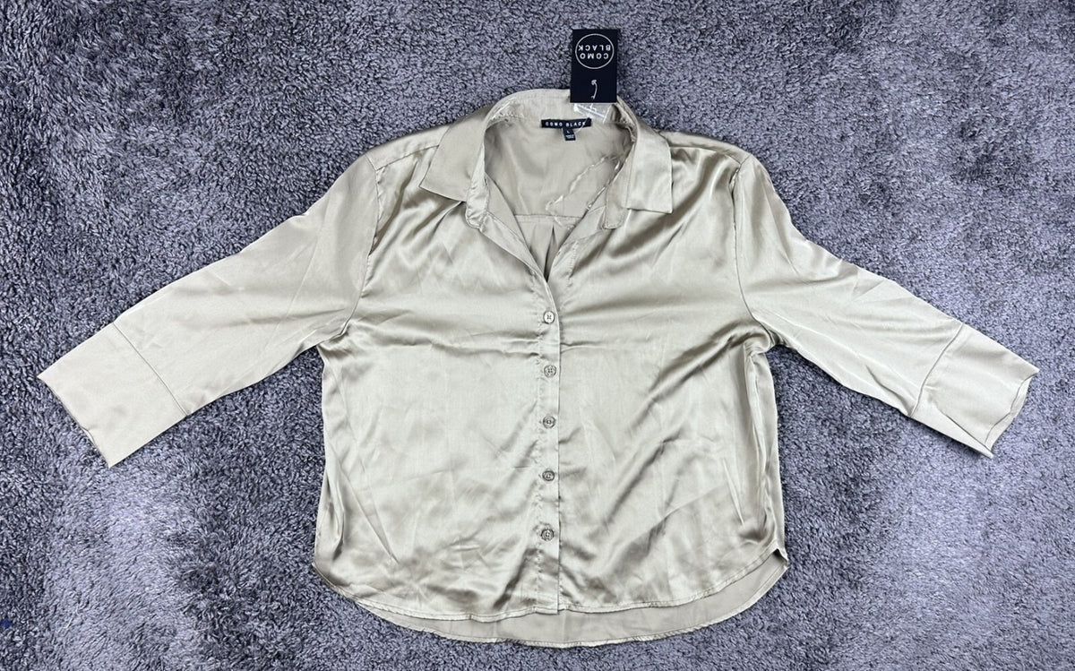 Como Black Blouse Womens Large Champagne Silk-Like Satin Button Up Shirt NWT