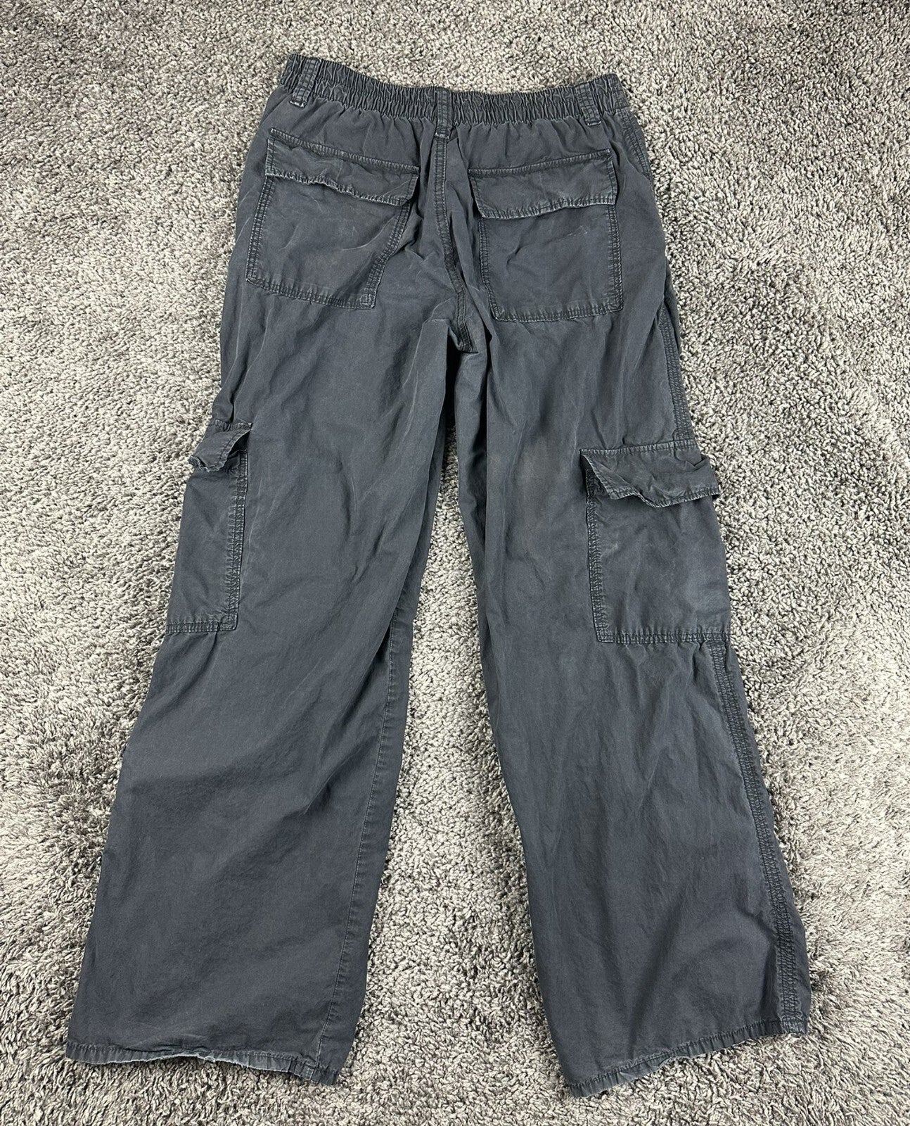 Zara Mens Wide Leg Cargo Pants Baggy Multi Pocket Washed Gray Black Size M
