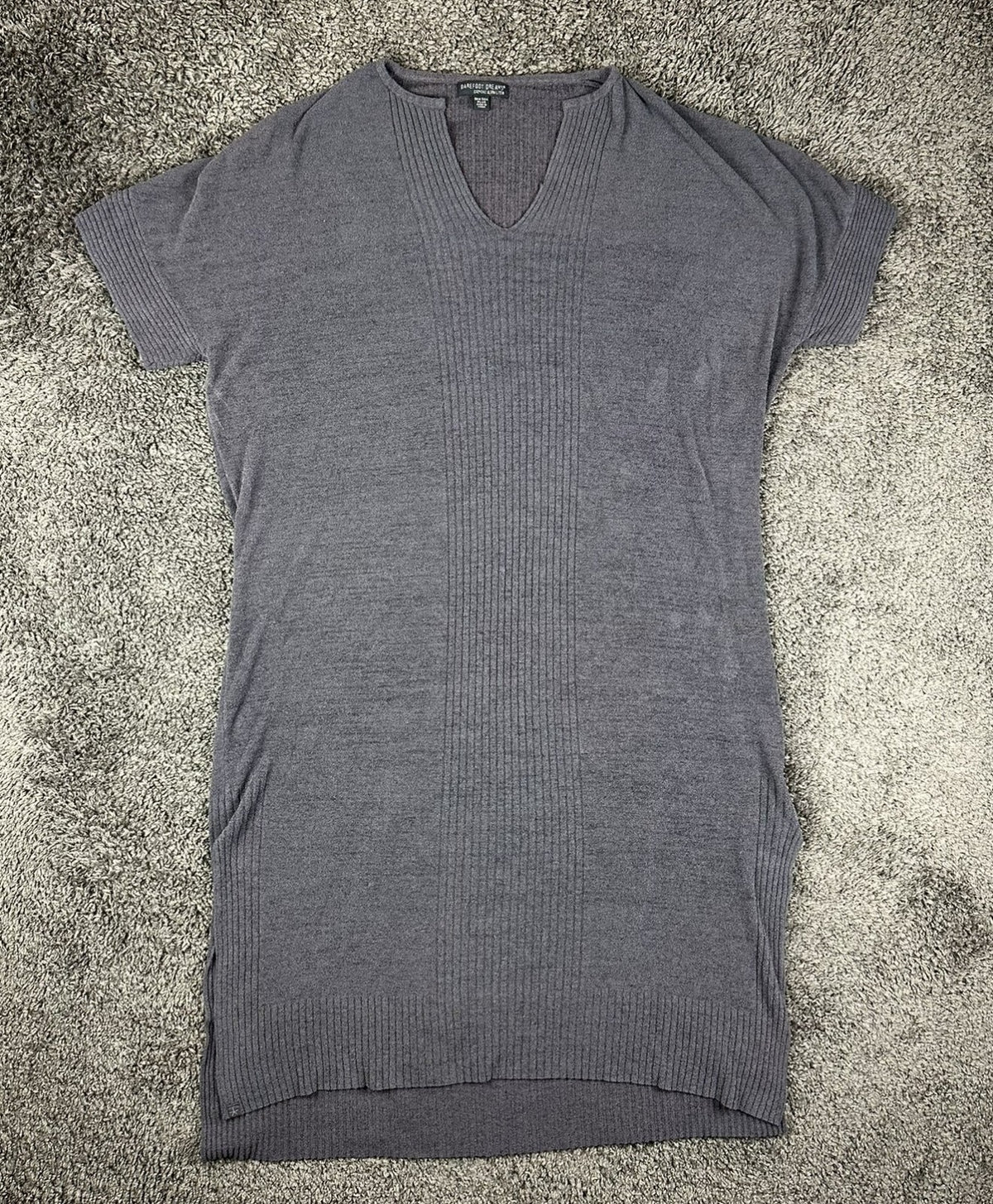 Barefoot Dreams CozyChic V-Neck Shirt Dress Gray One Size Plus Short Sleeve