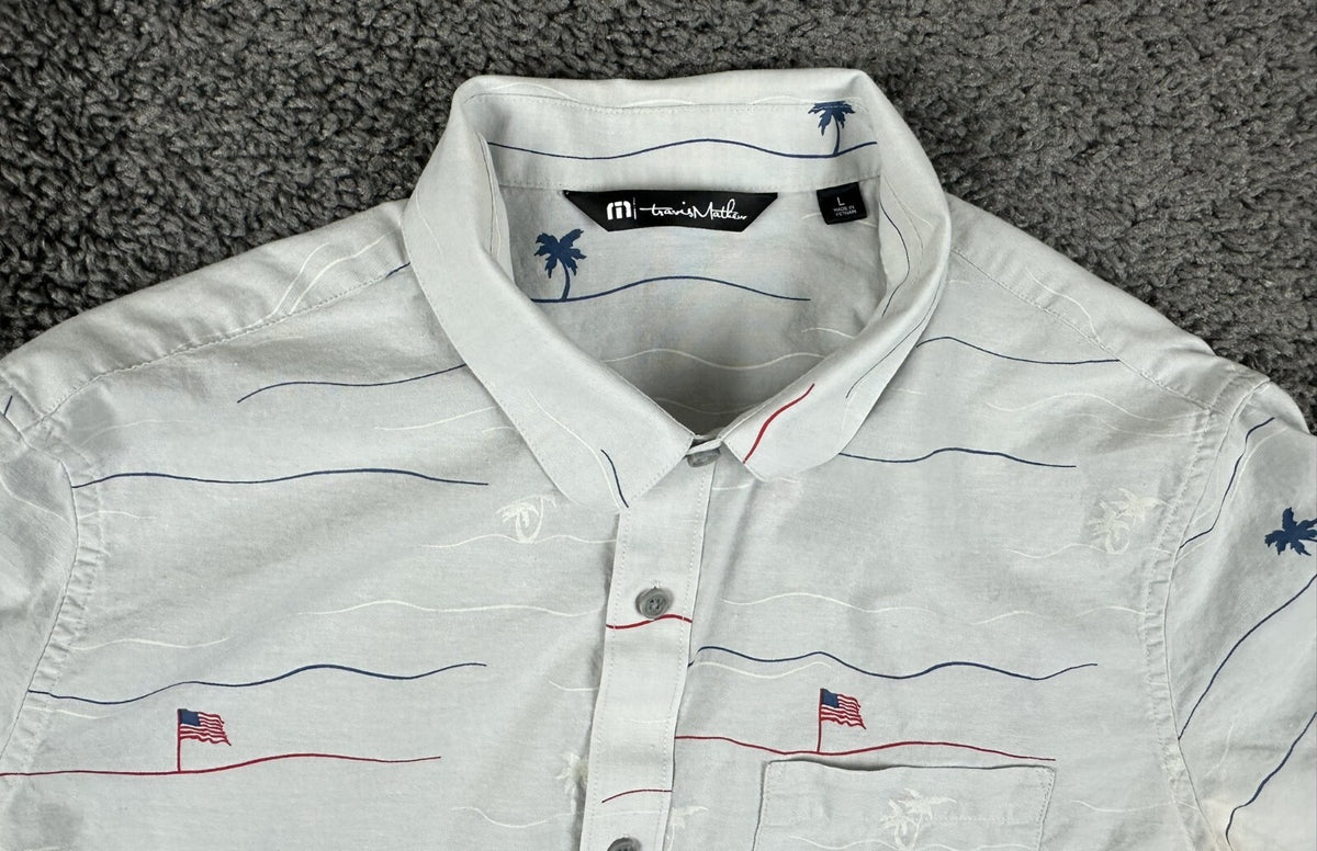 TravisMathew Men's American Flag Palm Tree Print Button-Down Shirt Large