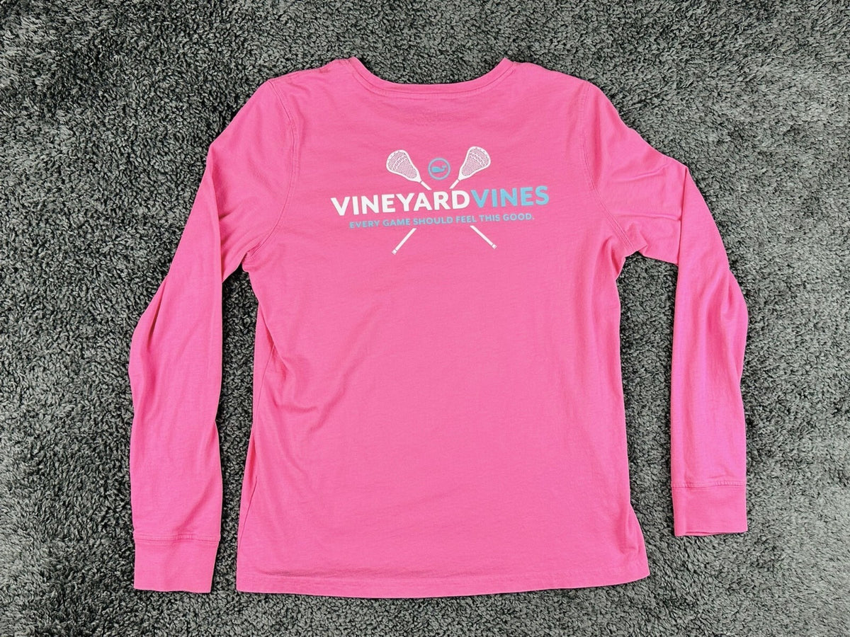 Vineyard Vines Womens S Pink Lacrosse Graphic Long Sleeve Pocket T-Shirt