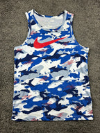 Nike Dri-Fit Mens M Blue Camo Sleeveless Tank Top Red Swoosh Graphic