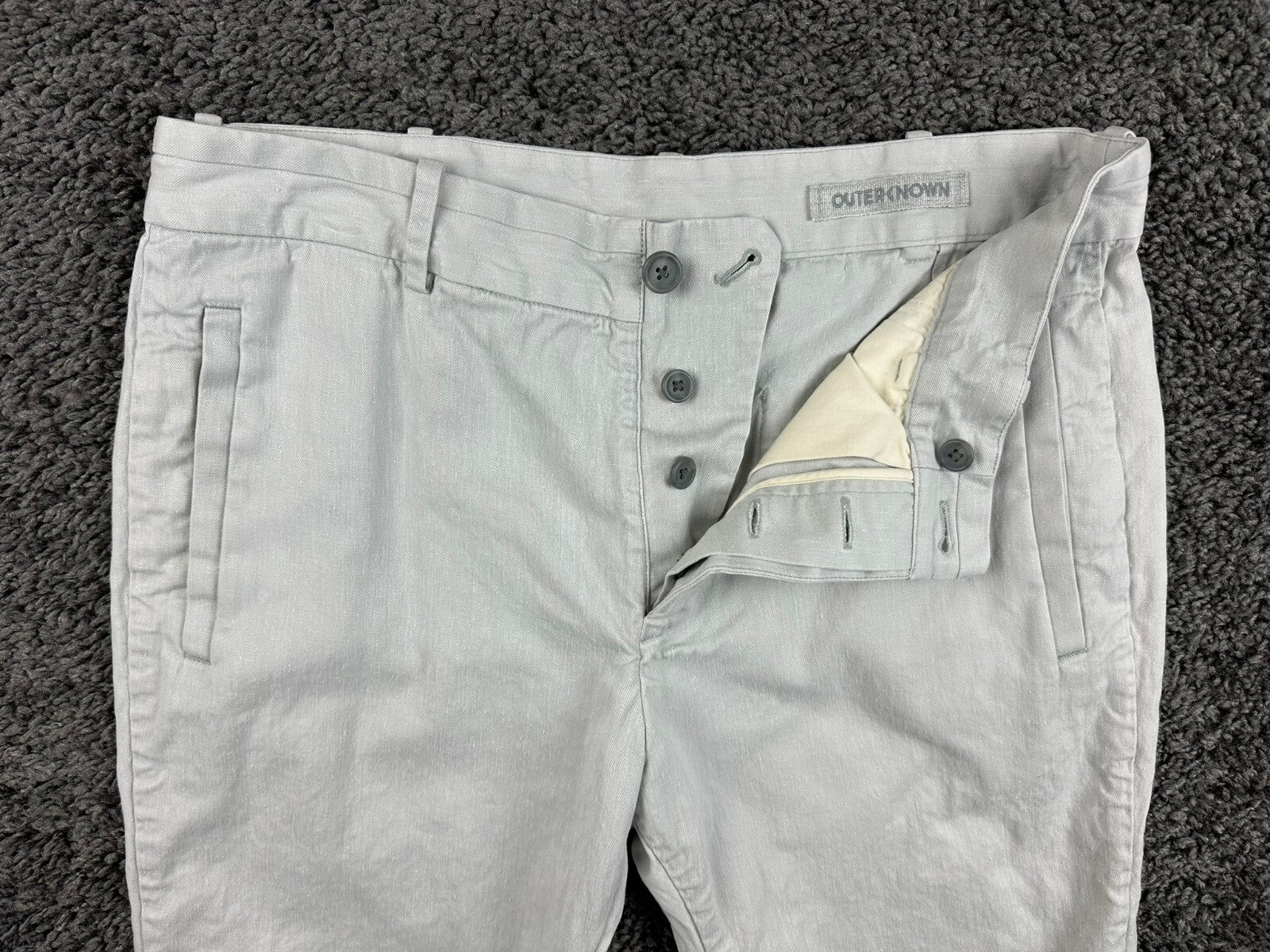 Outerknown Mens Beach Trouser Pants Gray Hemp Cotton Button Fly Sz 31