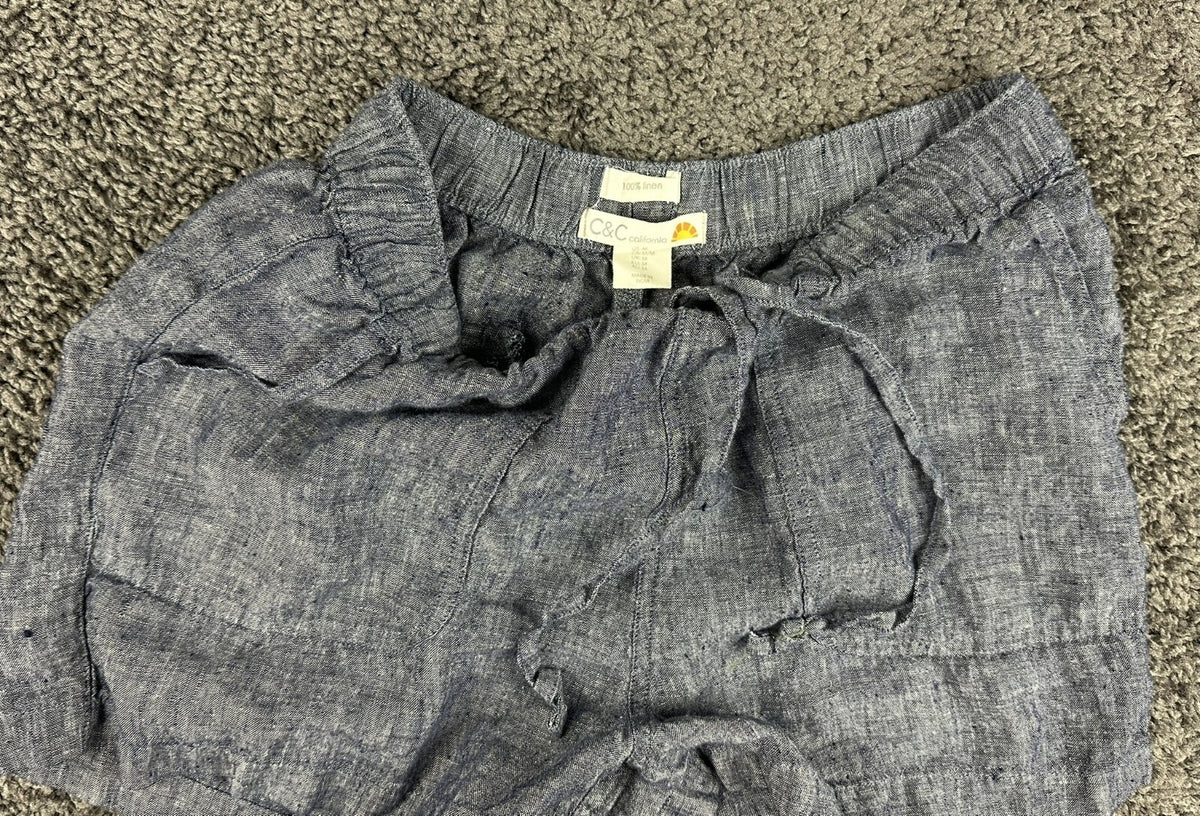 C&C California Womens M Blue 100% Linen Drawstring Pull On Casual Shorts