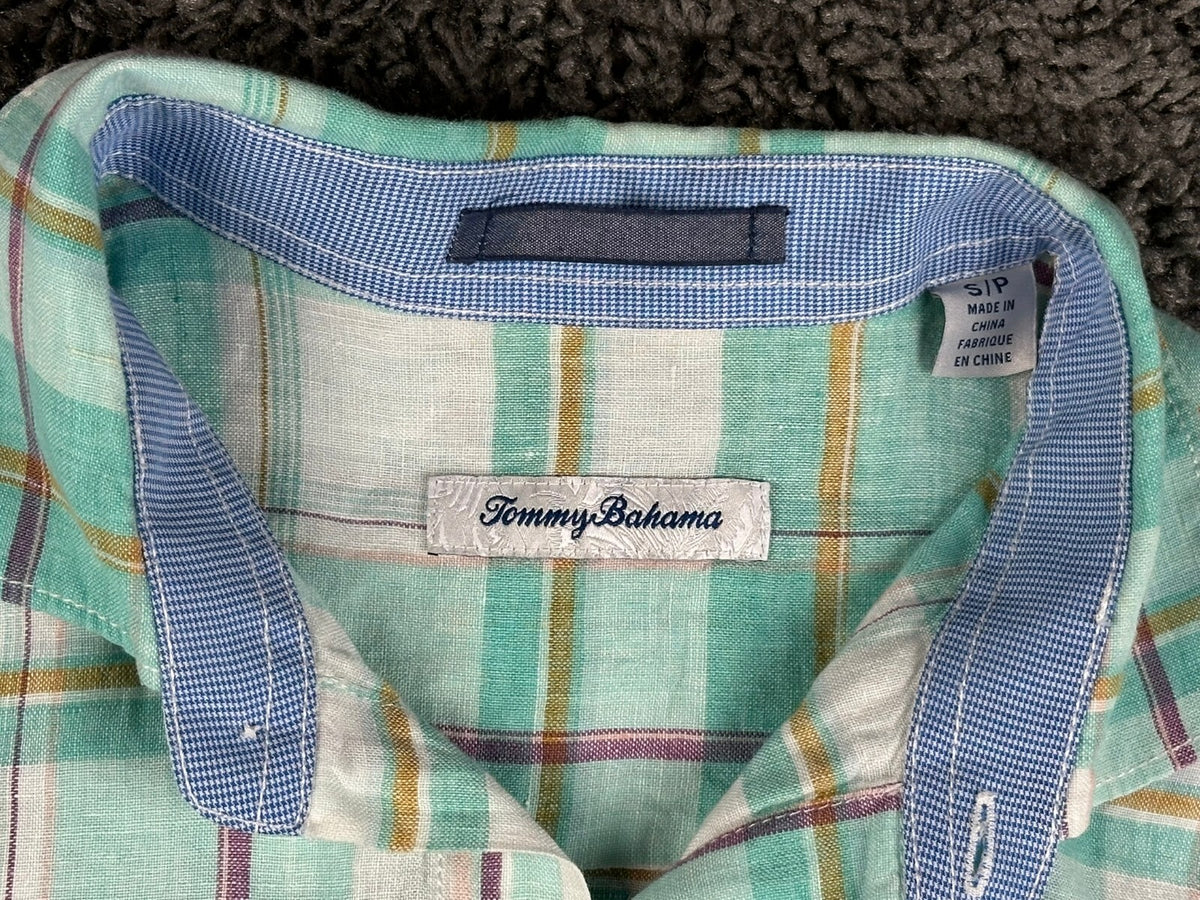 Tommy Bahama Mens S 100% Linen Short Sleeve Button Up Shirt Plaid Mint Green