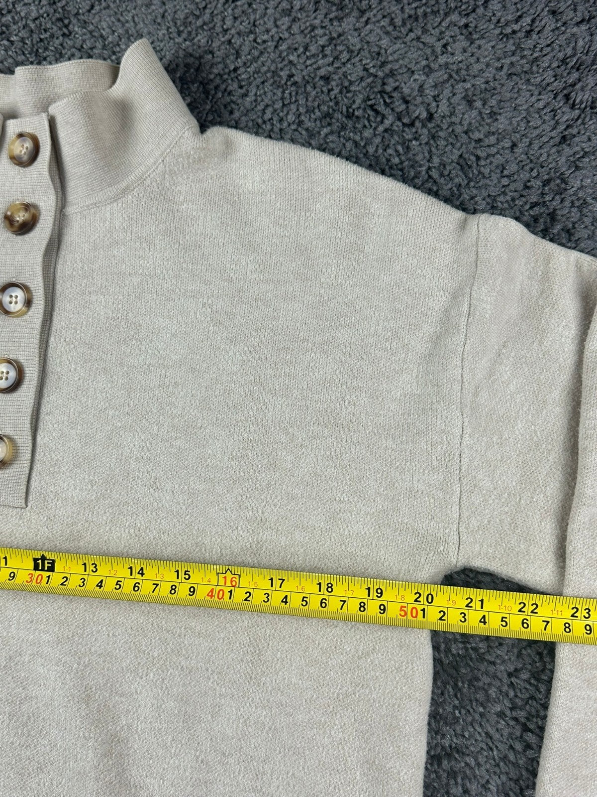 EllandEmm Womens Sweater Beige XS Mock Neck Button Pullover Quiet Luxury