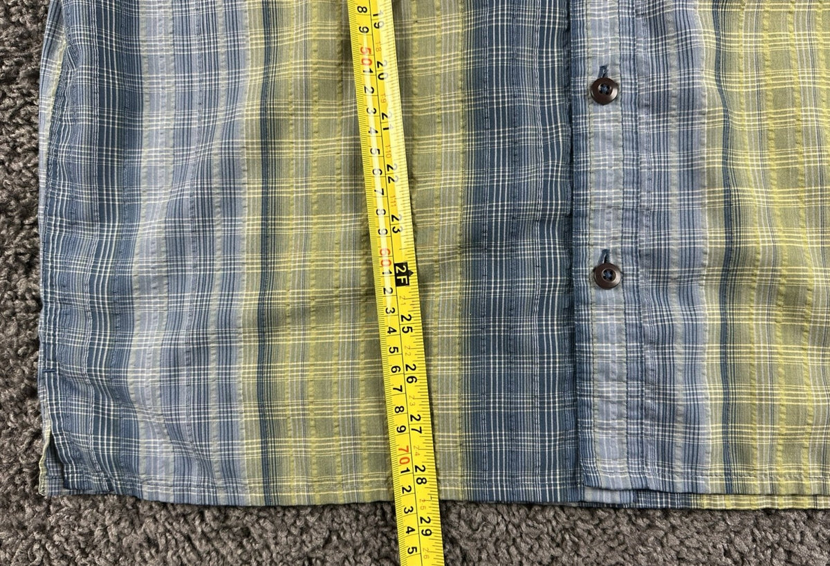 Patagonia Puckerware Shirt Mens M Short Sleeve Plaid Seersucker Button Down Blue