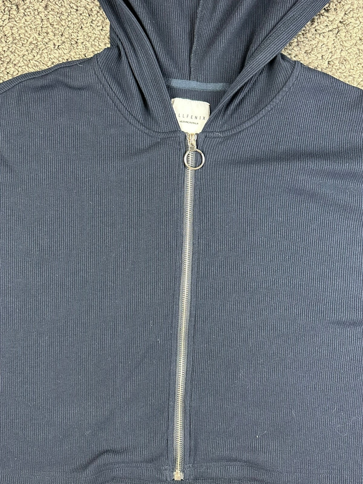 Allfenix Womens Ribbed Boxy Crop Zip Hoodie Navy Blue O-Ring Athleisure Large L
