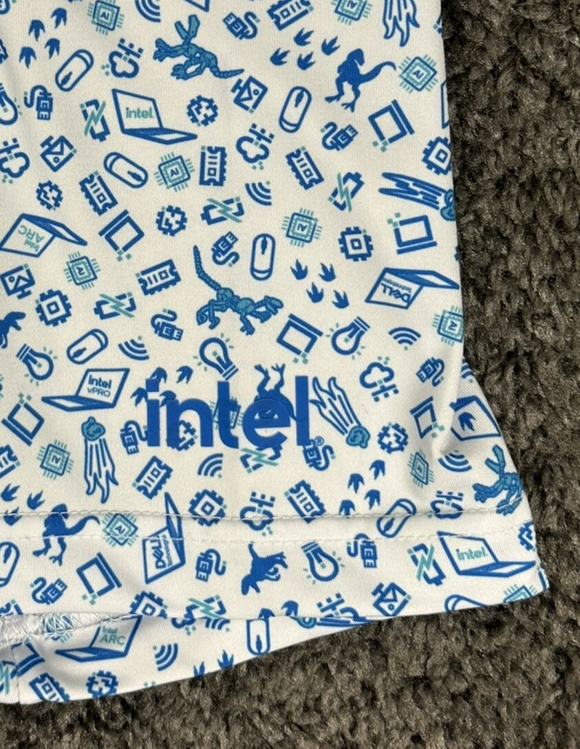 Intel Corporate Promotional Mens L White Blue Tech Print Polo Shirt