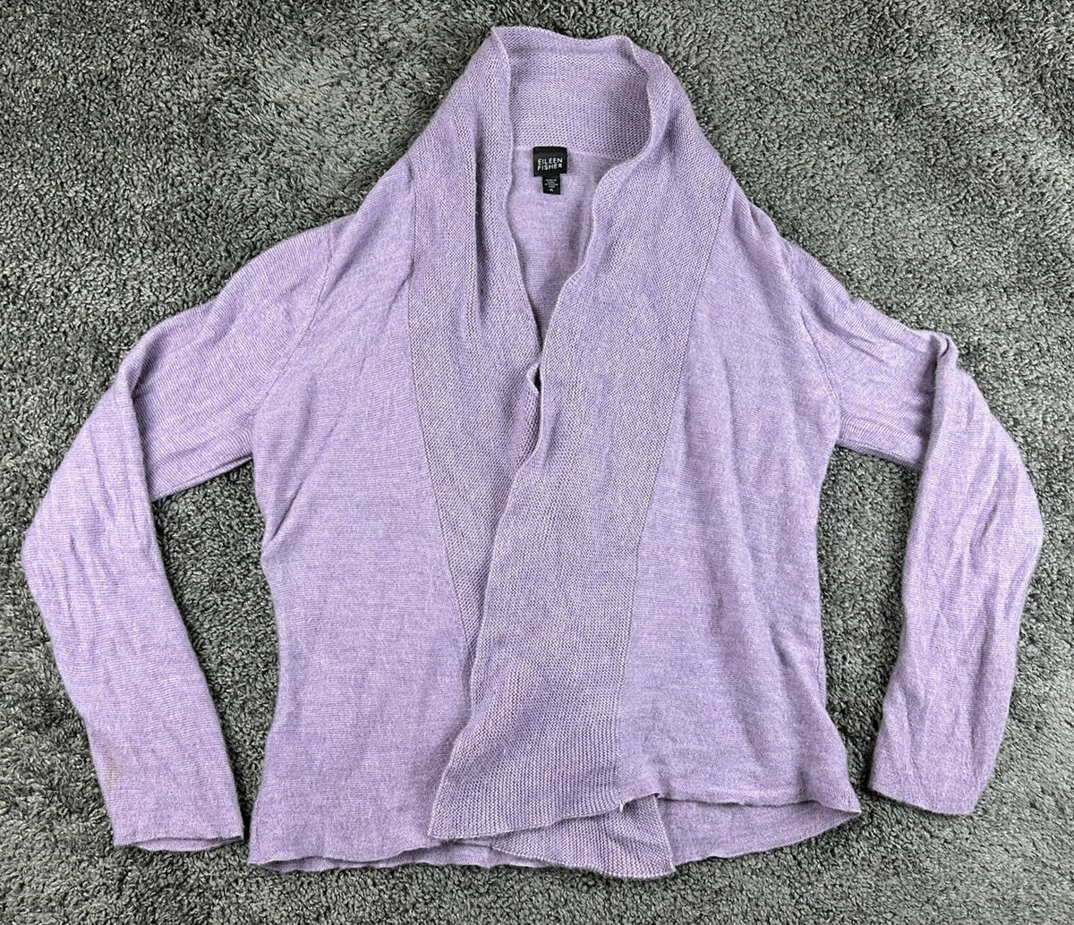 Eileen Fisher Merino Wool Cardigan Sweater Womens XL Lavender Shawl Open Front