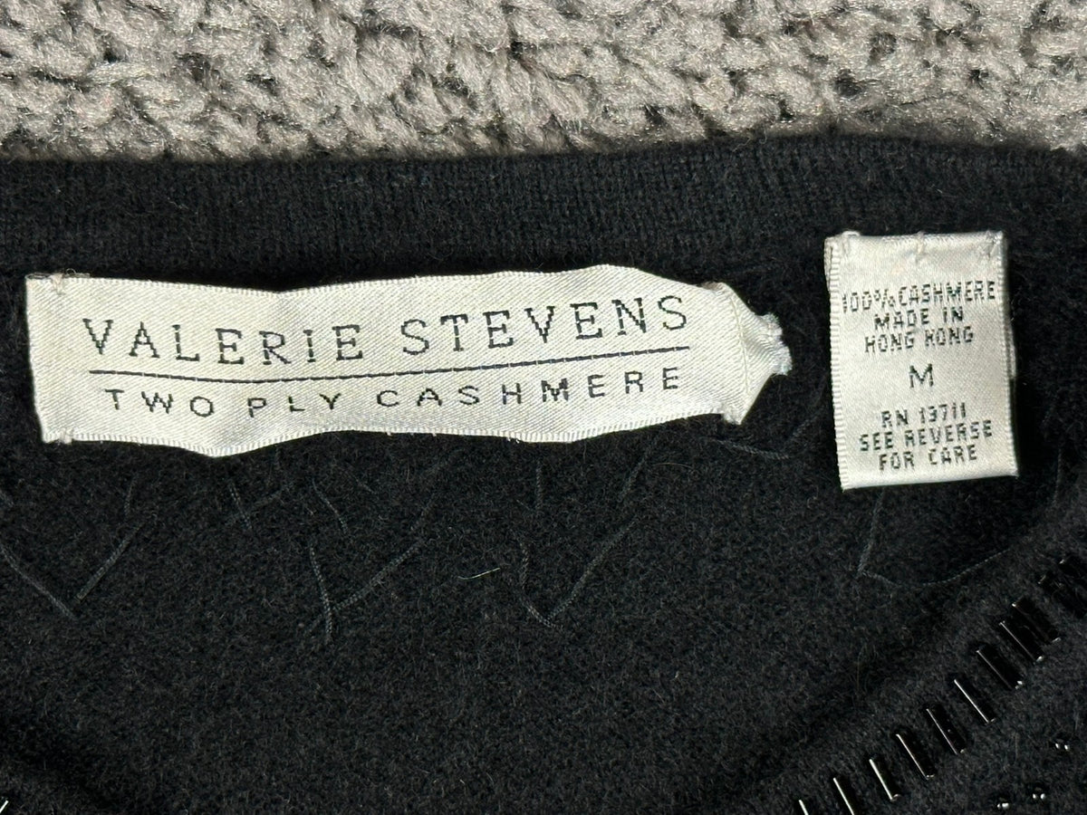 Vintage Valerie Stevens Womens M Black 100% Cashmere Beaded Cardigan Flaw