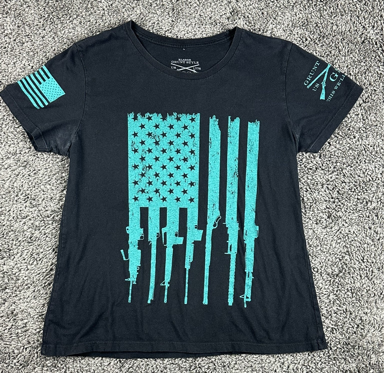 Grunt Style Black Teal Rifle Flag Graphic T Shirt 2nd Amendment USA Sz Youth XL