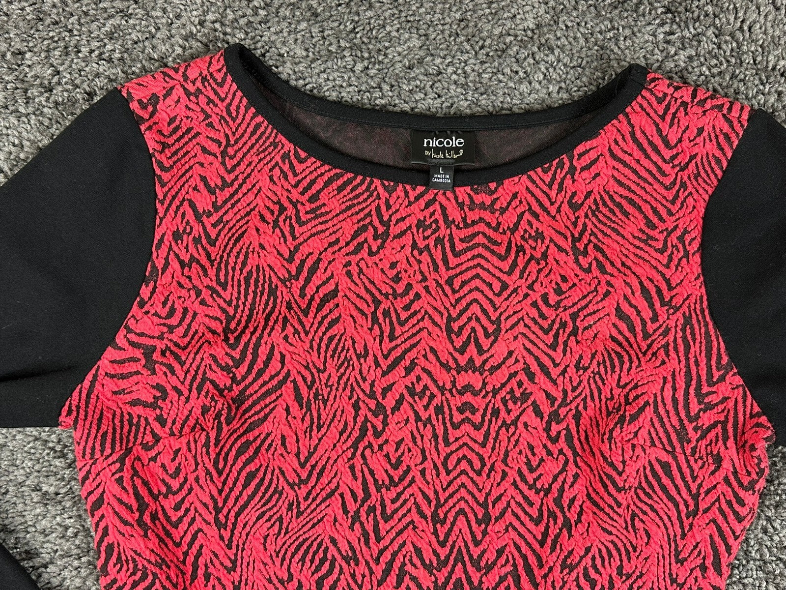 Nicole Miller Dress Red Black Zebra Animal Print Sheath Long Sleeve Knit Sv L