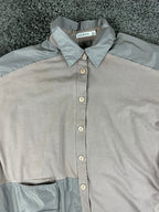 Luukaa Lagenlook Womens Button Tunic Shirt Taupe Gray Size 8 Mixed Media Pockets